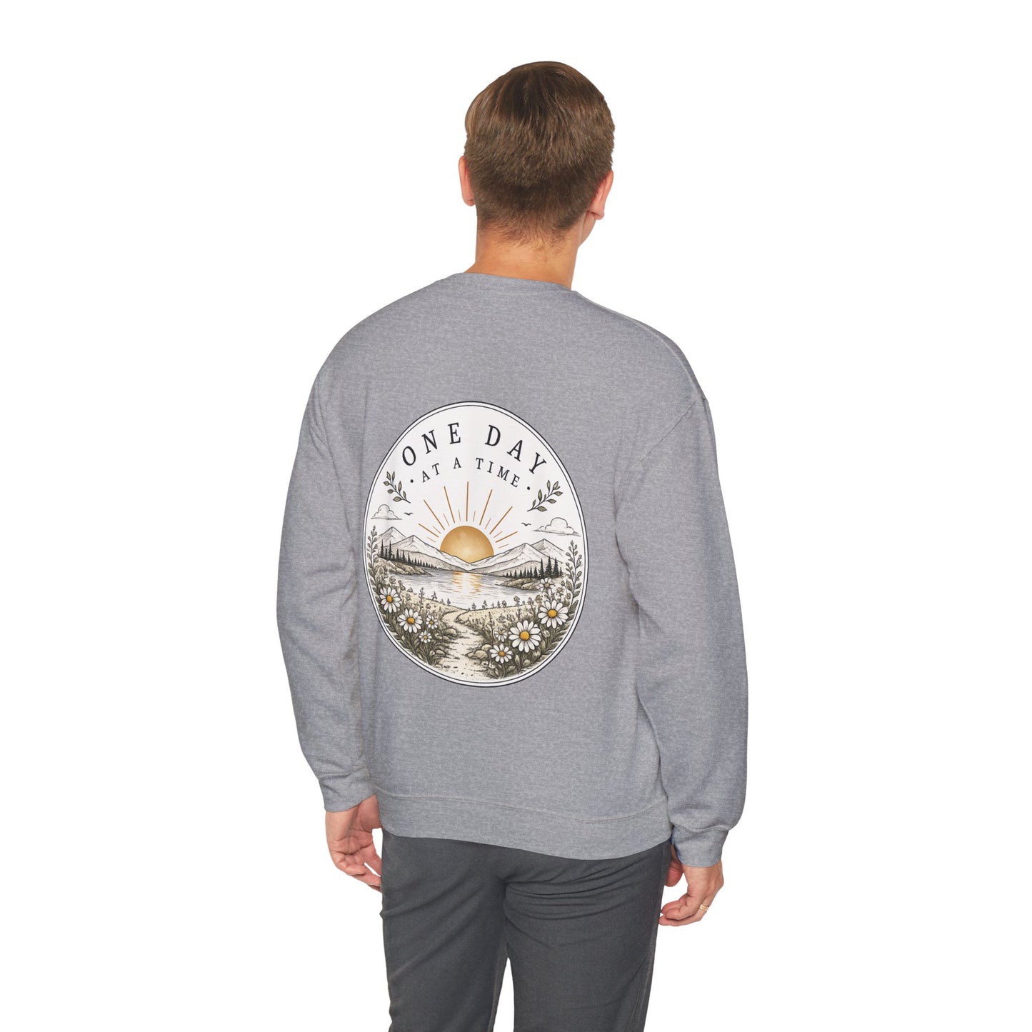 Crewneck Sweatshirt — 'One Day at a Time' Sunrise Mountain Graphic