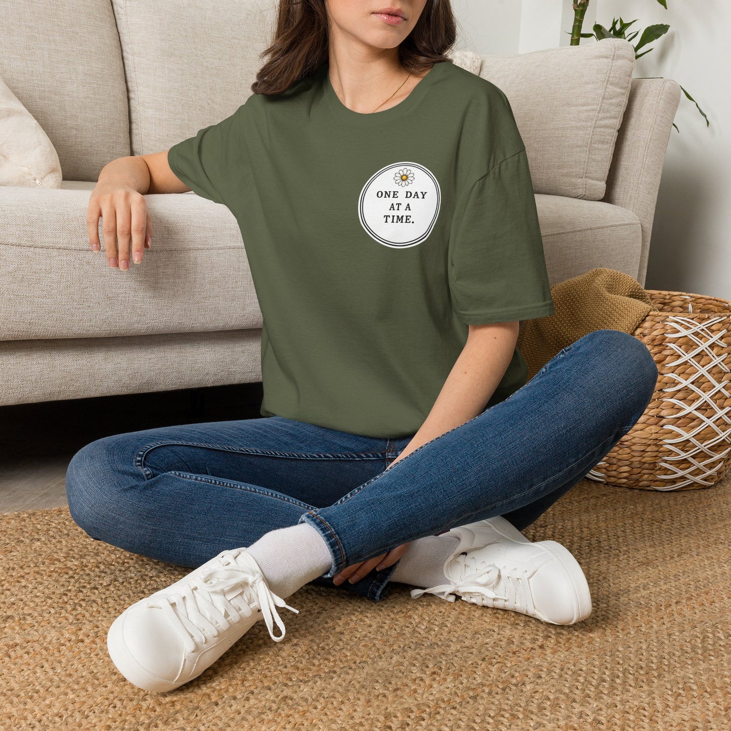 T-Shirt — "One Day at a Time" Daisy Minimalist Inspirational Tee