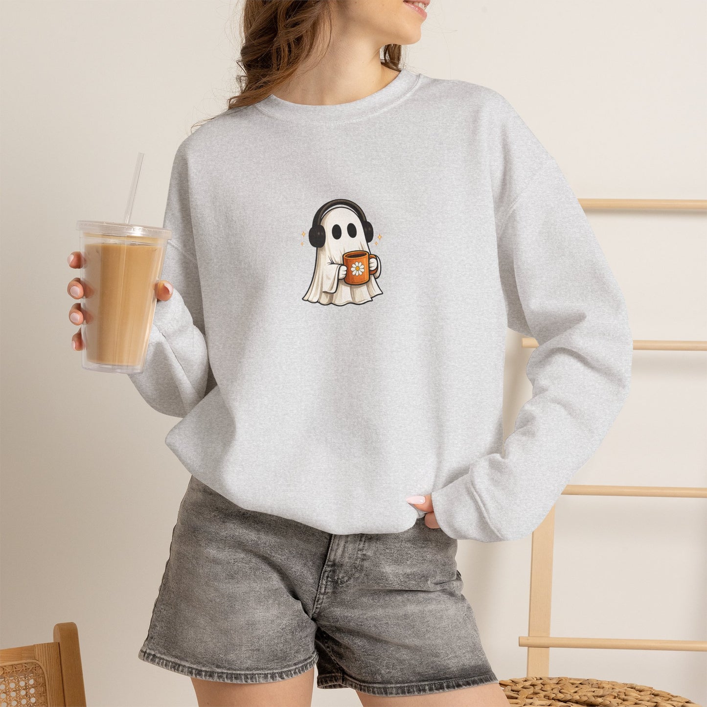 Cute Ghost Holding Pumpkin Crewneck Sweatshirt