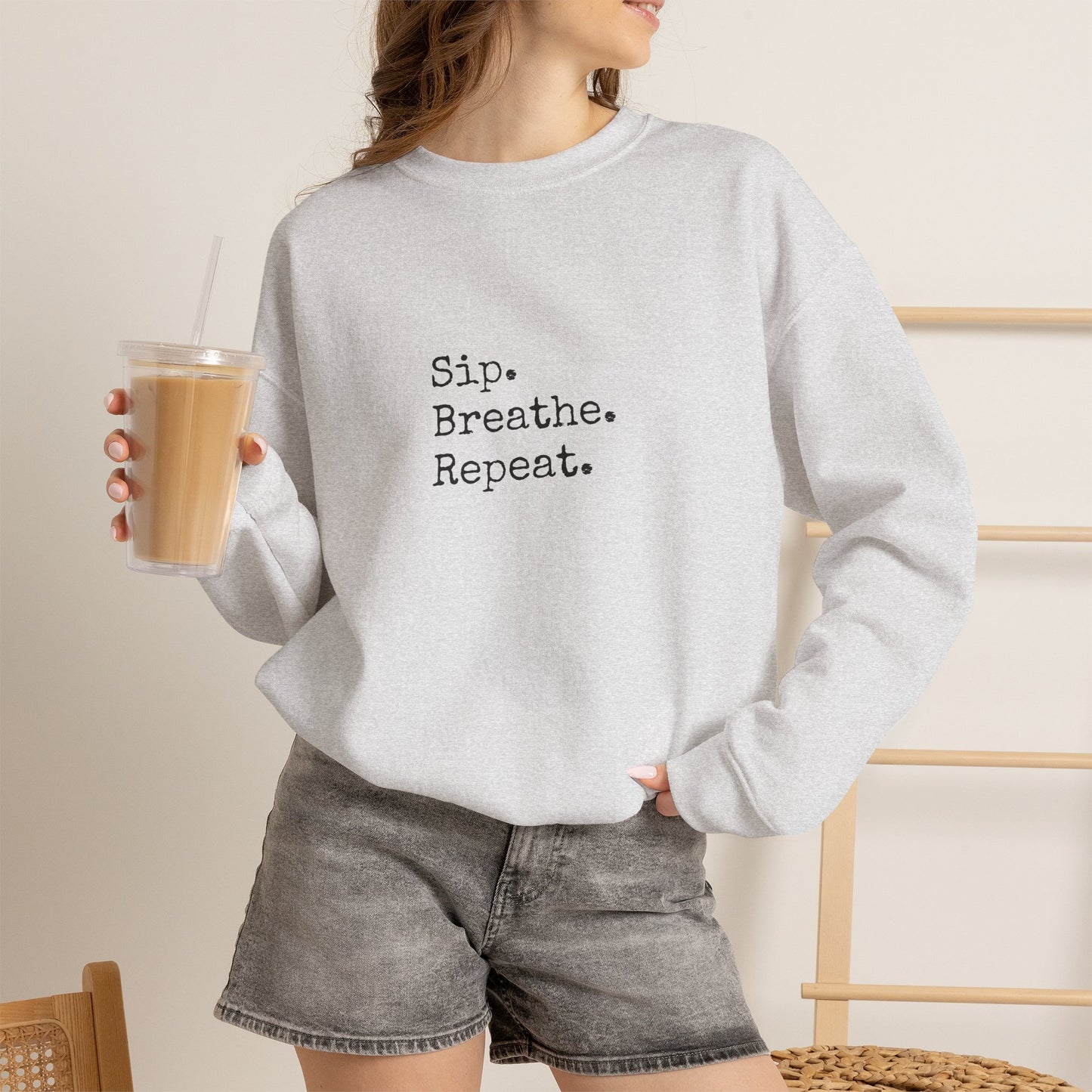 Sip. Breathe. Repeat. Crewneck Sweatshirt — Cozy Minimalist Relaxation Sweatshirt