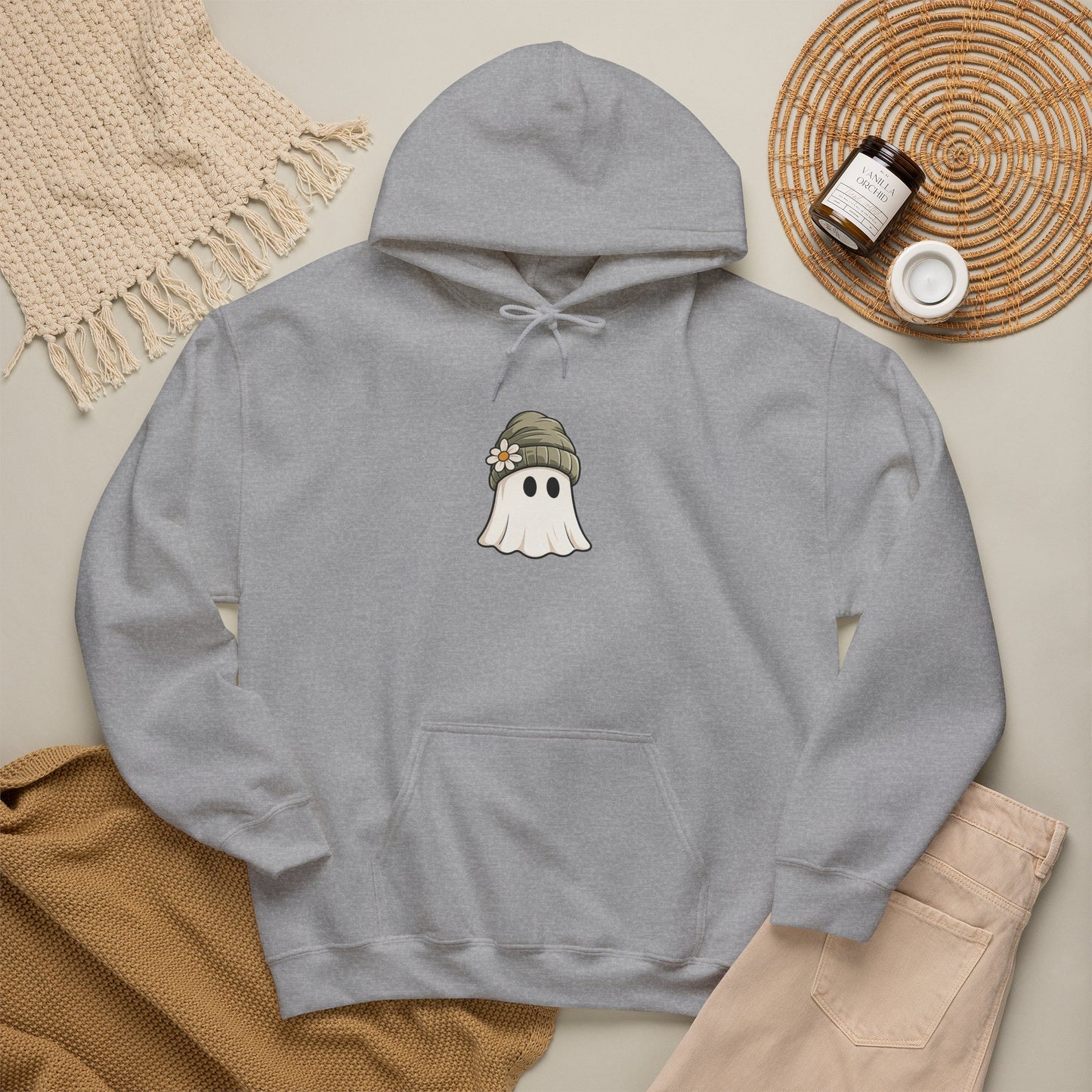 Cute Ghost Hoodie with Beanie Graphic — Cozy Fall Halloween Sweatshirt