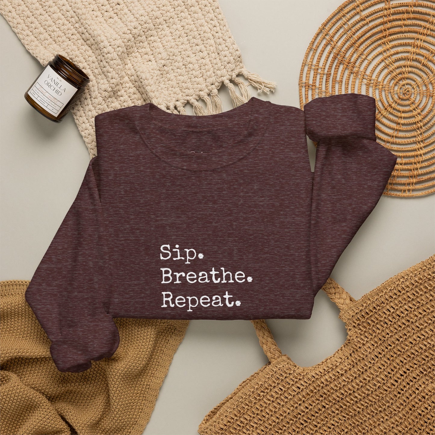 Sip. Breathe. Repeat. Crewneck Sweatshirt — Cozy Minimalist Relaxation Sweatshirt