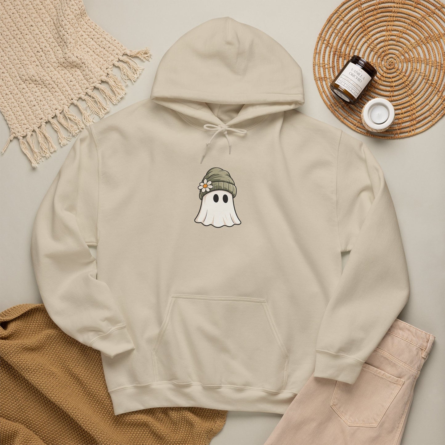 Cute Ghost Hoodie with Beanie Graphic — Cozy Fall Halloween Sweatshirt