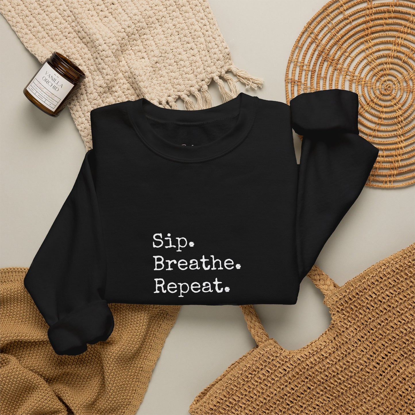 Sip. Breathe. Repeat. Crewneck Sweatshirt — Cozy Minimalist Relaxation Sweatshirt