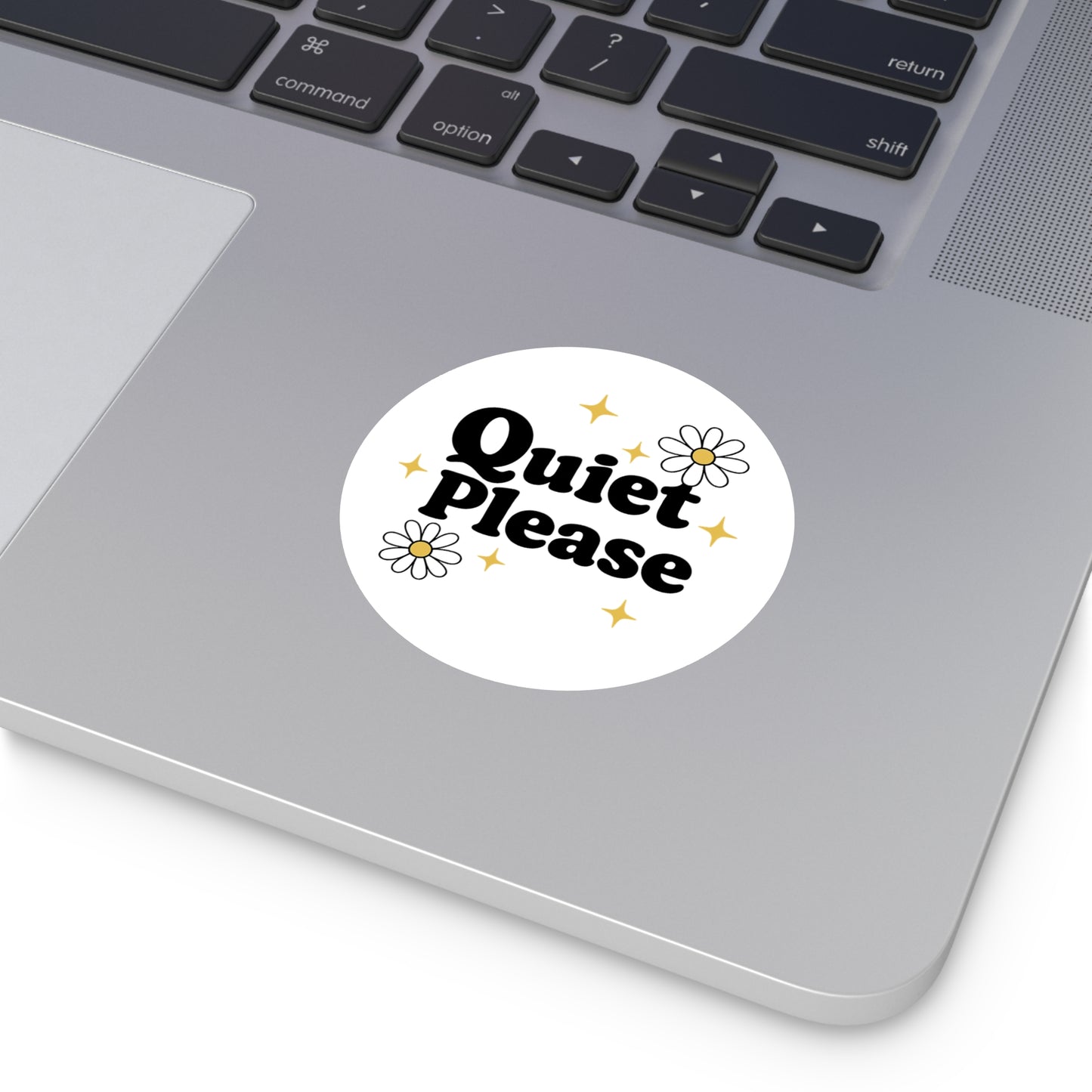 Quiet Please Round Vinyl Sticker — Retro Daisy Design