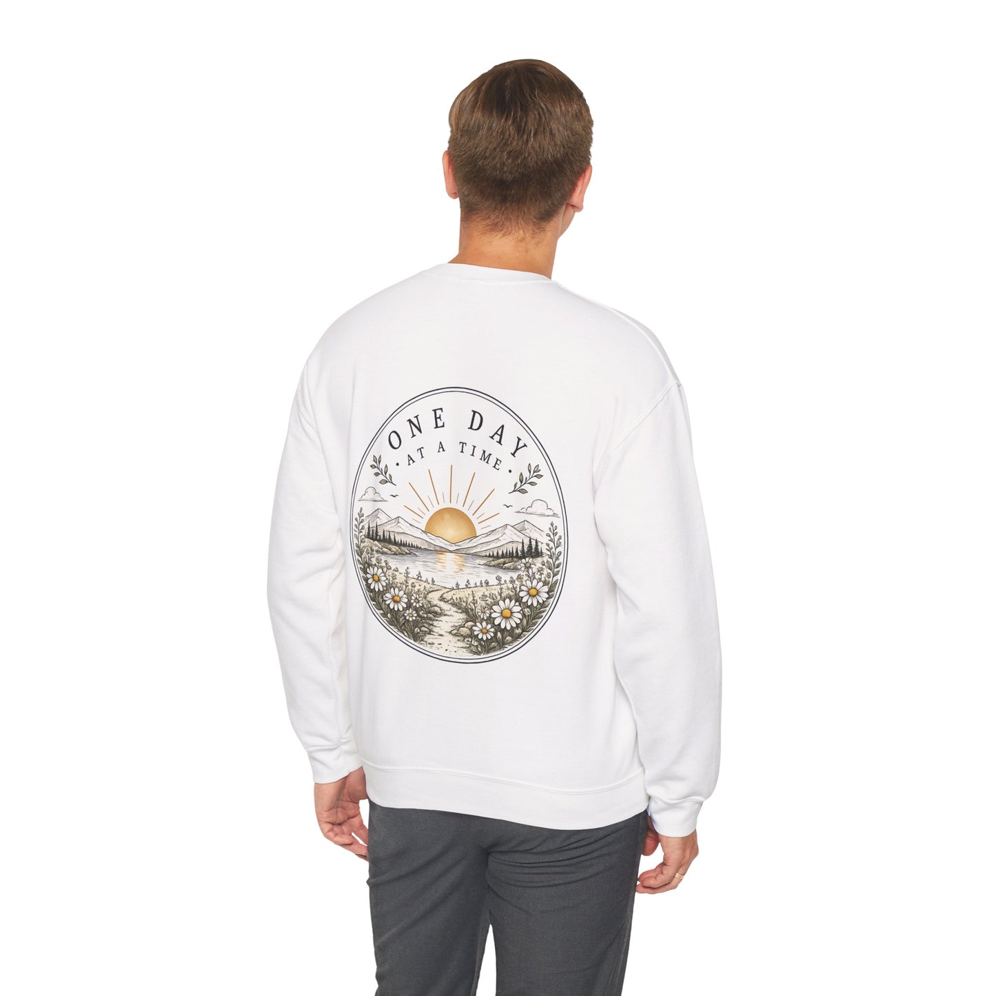 Crewneck Sweatshirt — 'One Day at a Time' Sunrise Mountain Graphic