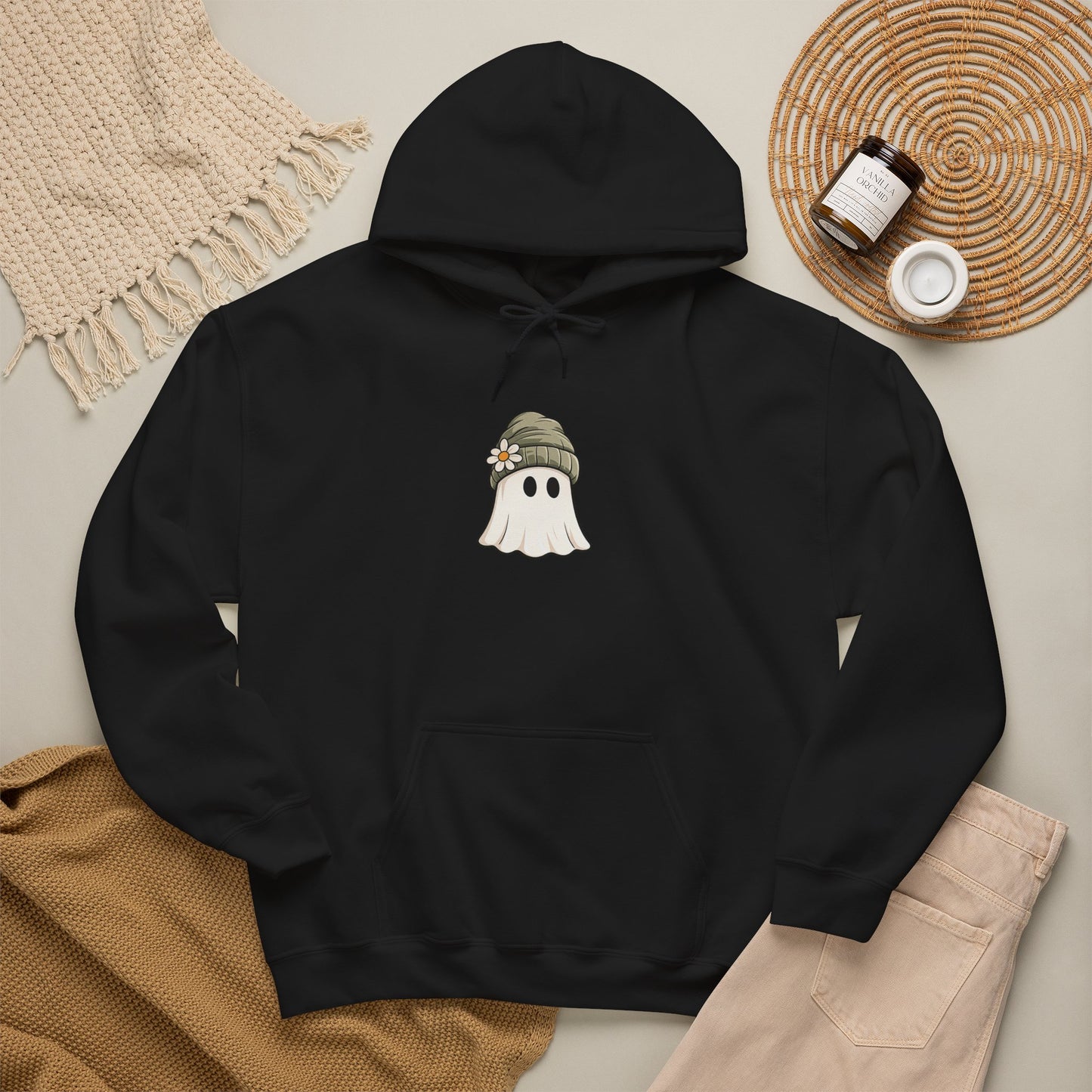 Cute Ghost Hoodie with Beanie Graphic — Cozy Fall Halloween Sweatshirt
