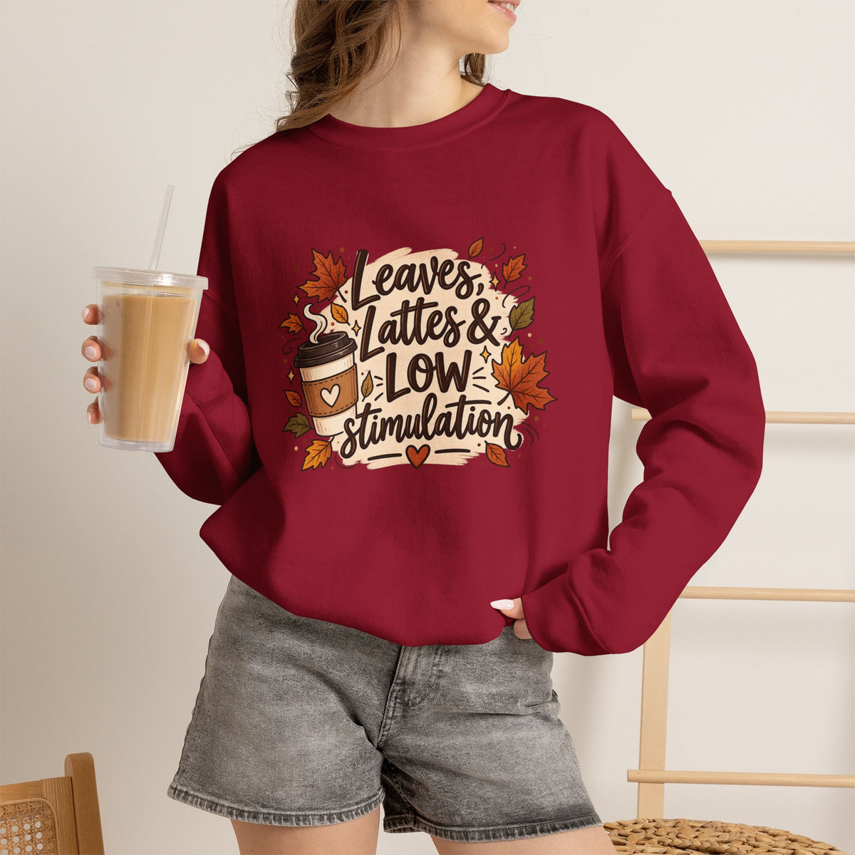 Fall Sweatshirt – "Leaves, Lattes & Low Stimulation" Cozy Autumn Crewneck