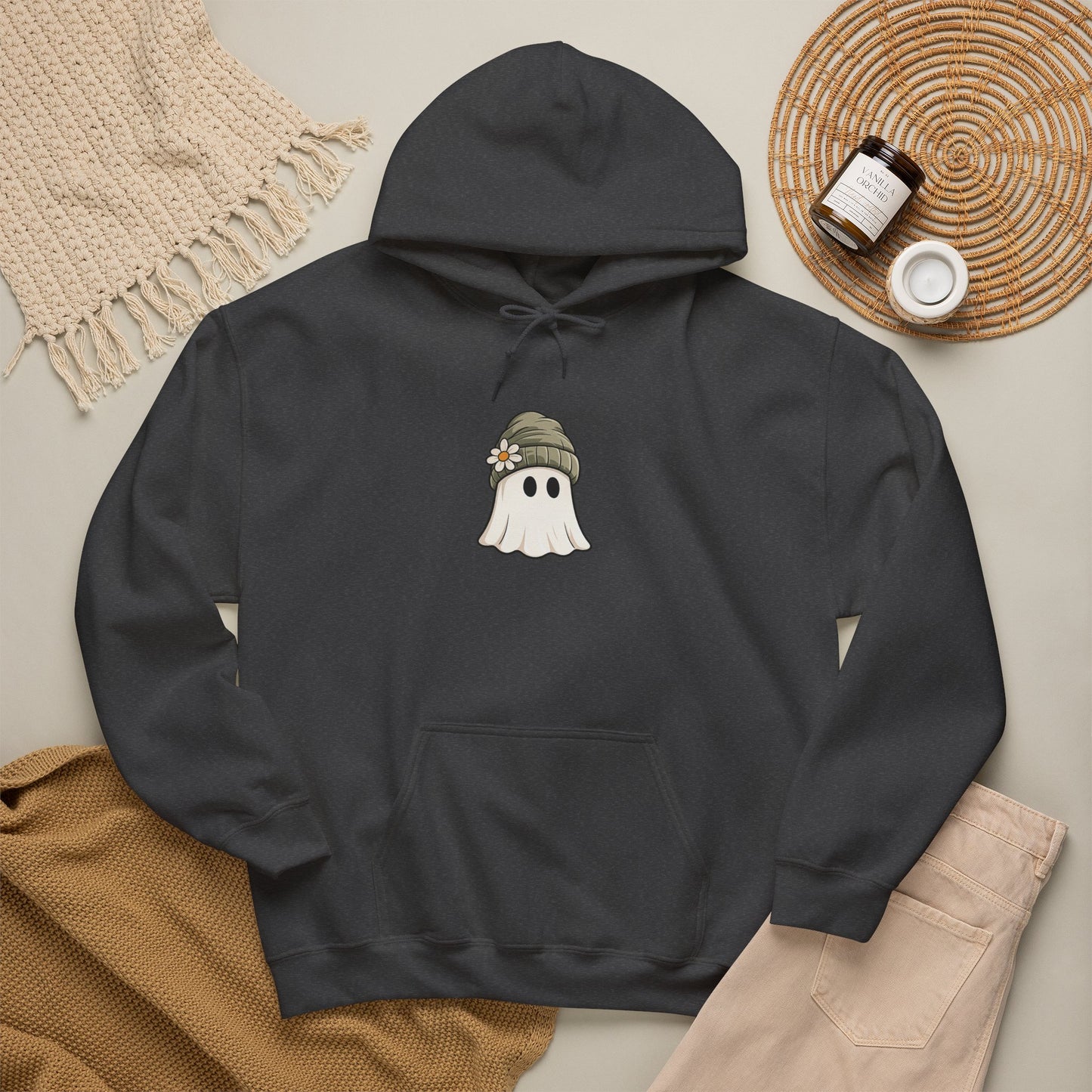 Cute Ghost Hoodie with Beanie Graphic — Cozy Fall Halloween Sweatshirt