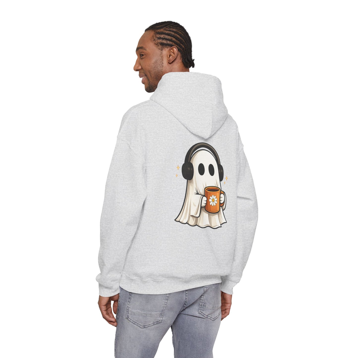 Ghost Mode Hoodie — Cute Ghost with Headphones & Coffee Pullover