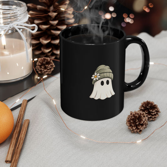 Cute Beanie Ghost Black Coffee Mug (11oz)