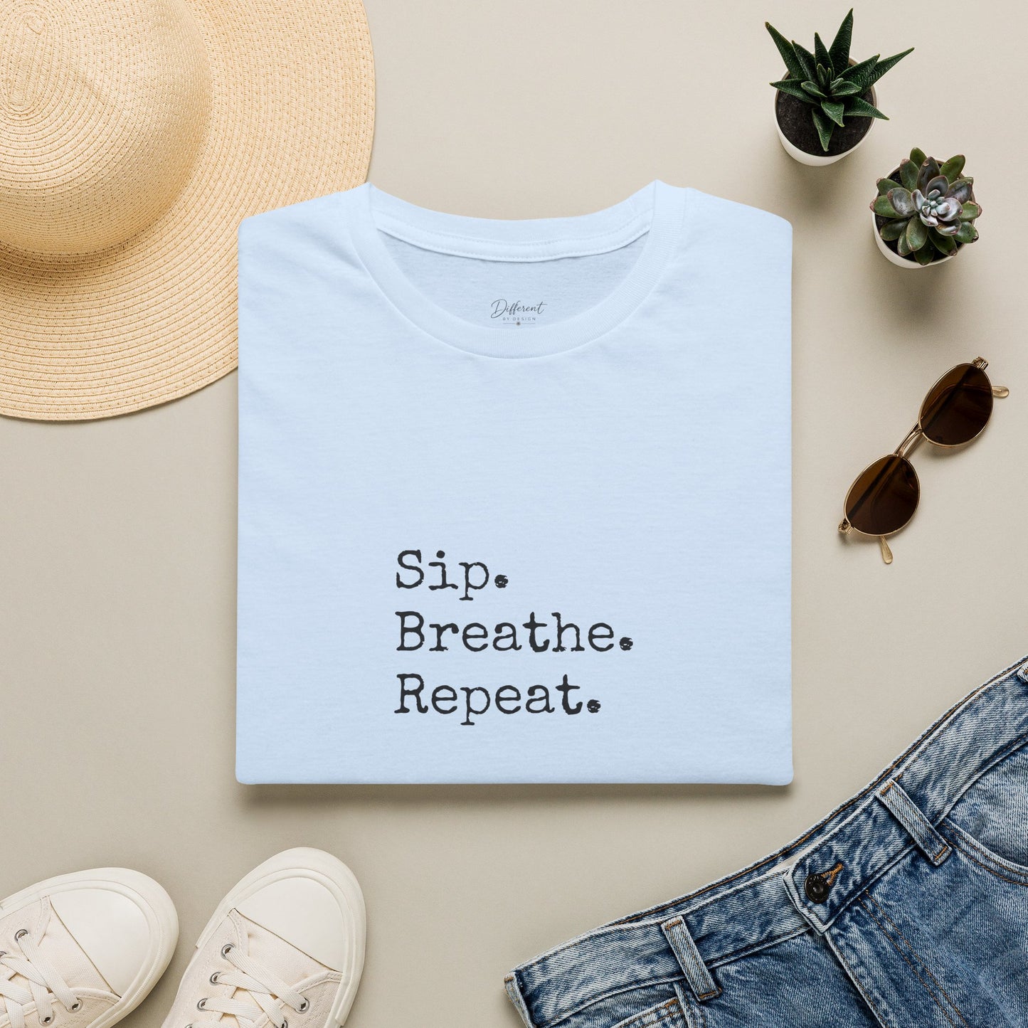 Sip. Breathe. Repeat. T-Shirt — Relaxed Minimalist Self-Care Tee