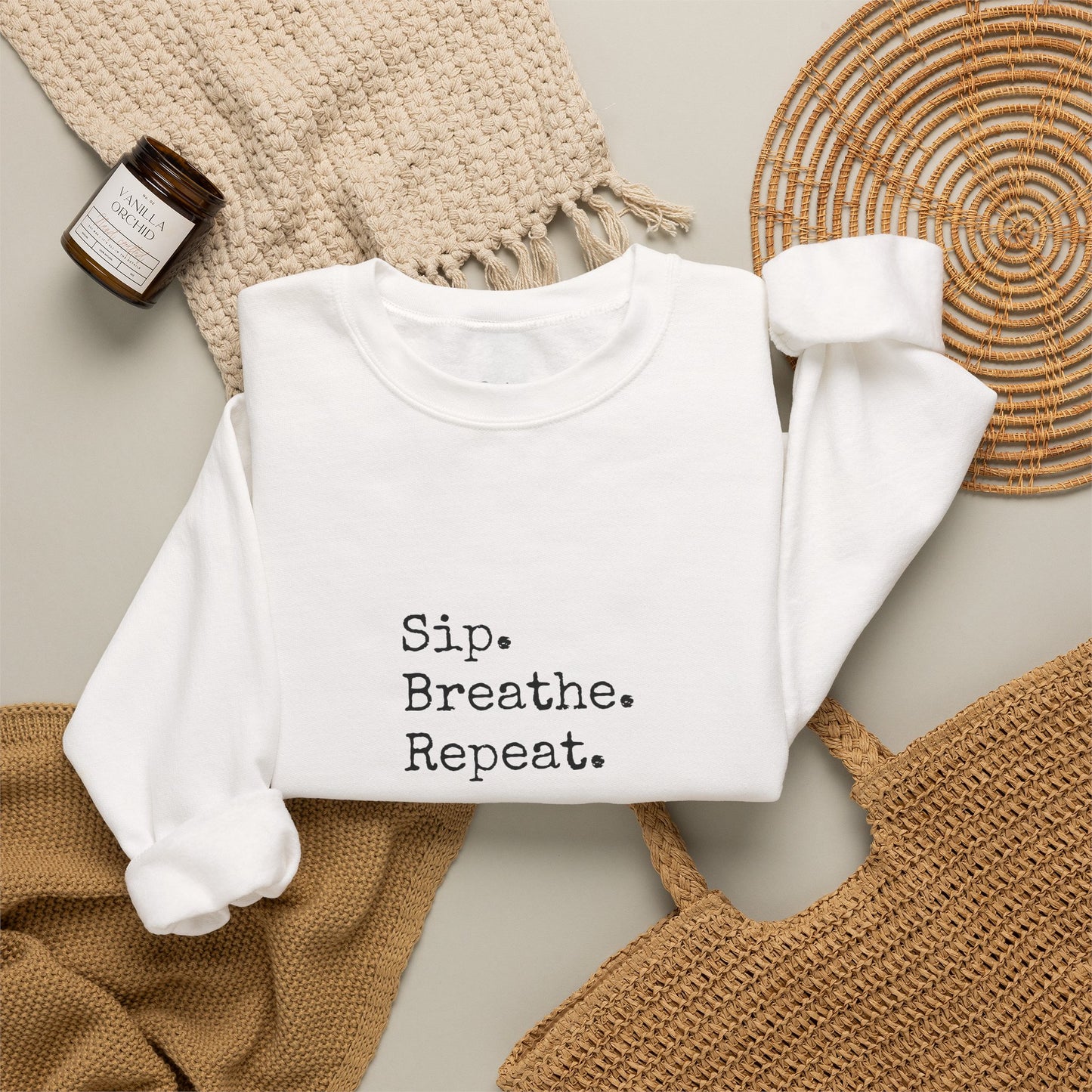 Sip. Breathe. Repeat. Crewneck Sweatshirt — Cozy Minimalist Relaxation Sweatshirt