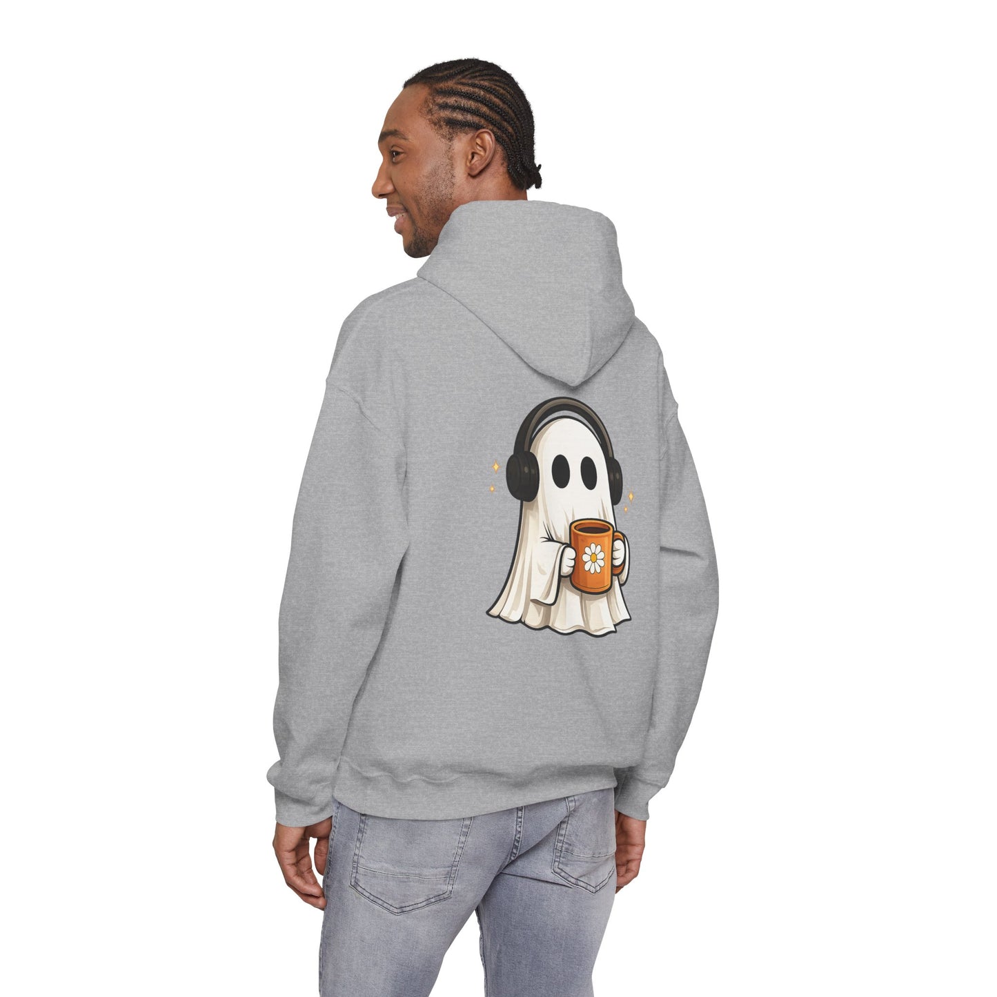 Ghost Mode Hoodie — Cute Ghost with Headphones & Coffee Pullover