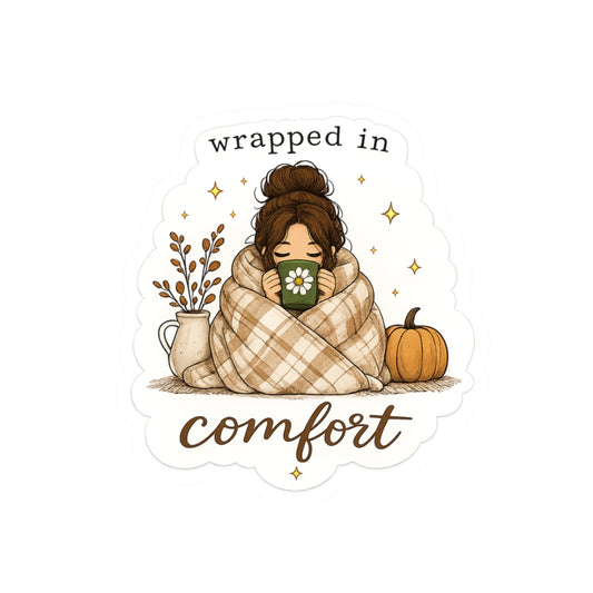 Wrapped in Comfort Fall Sticker – Cozy Girl with Blanket, Pumpkin & Coffee, Autumn Laptop Decal