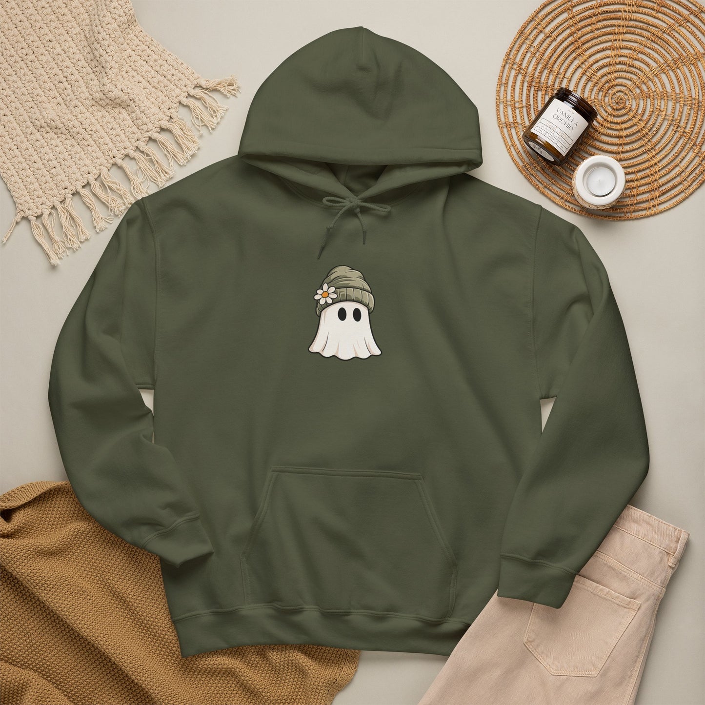 Cute Ghost Hoodie with Beanie Graphic — Cozy Fall Halloween Sweatshirt