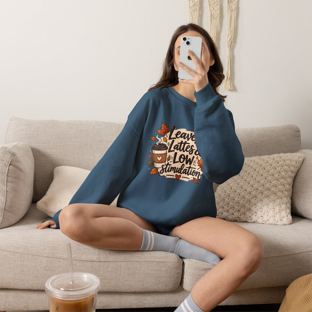 Fall Sweatshirt – "Leaves, Lattes & Low Stimulation" Cozy Autumn Crewneck