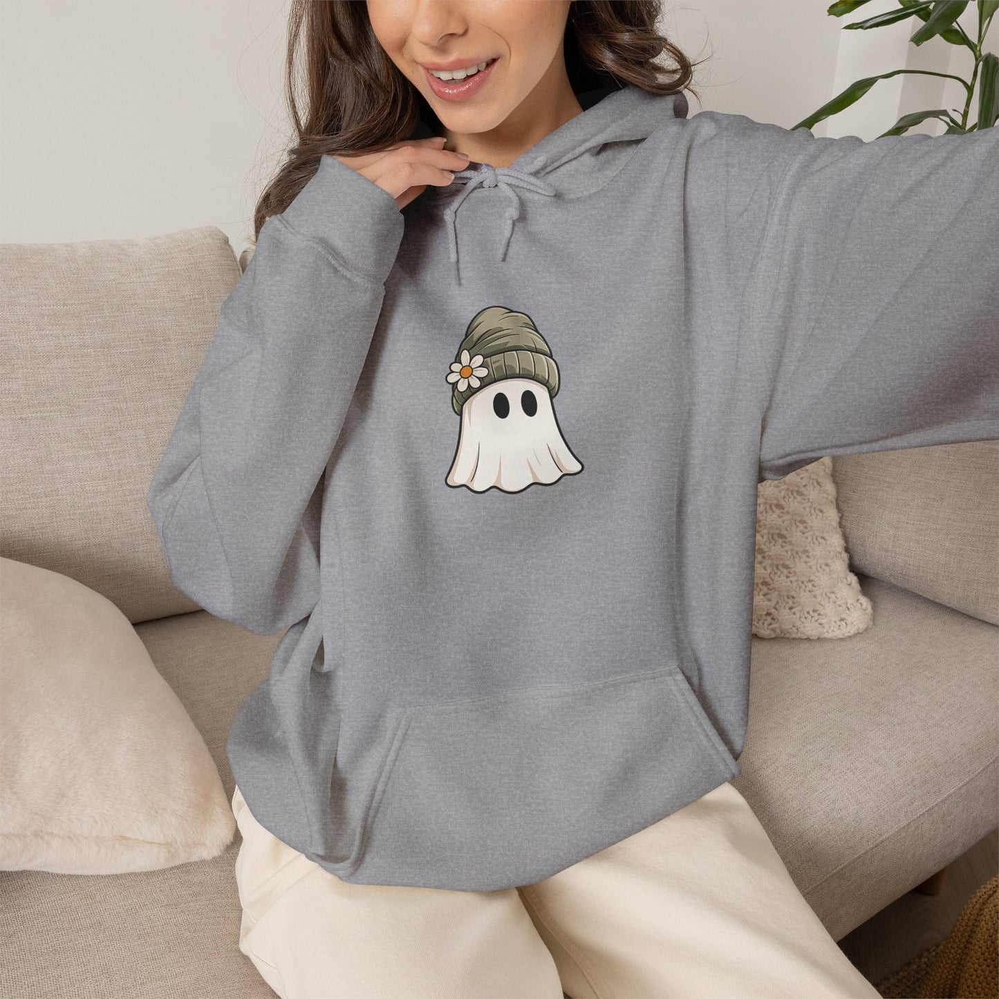 Cute Ghost Hoodie with Beanie Graphic — Cozy Fall Halloween Sweatshirt