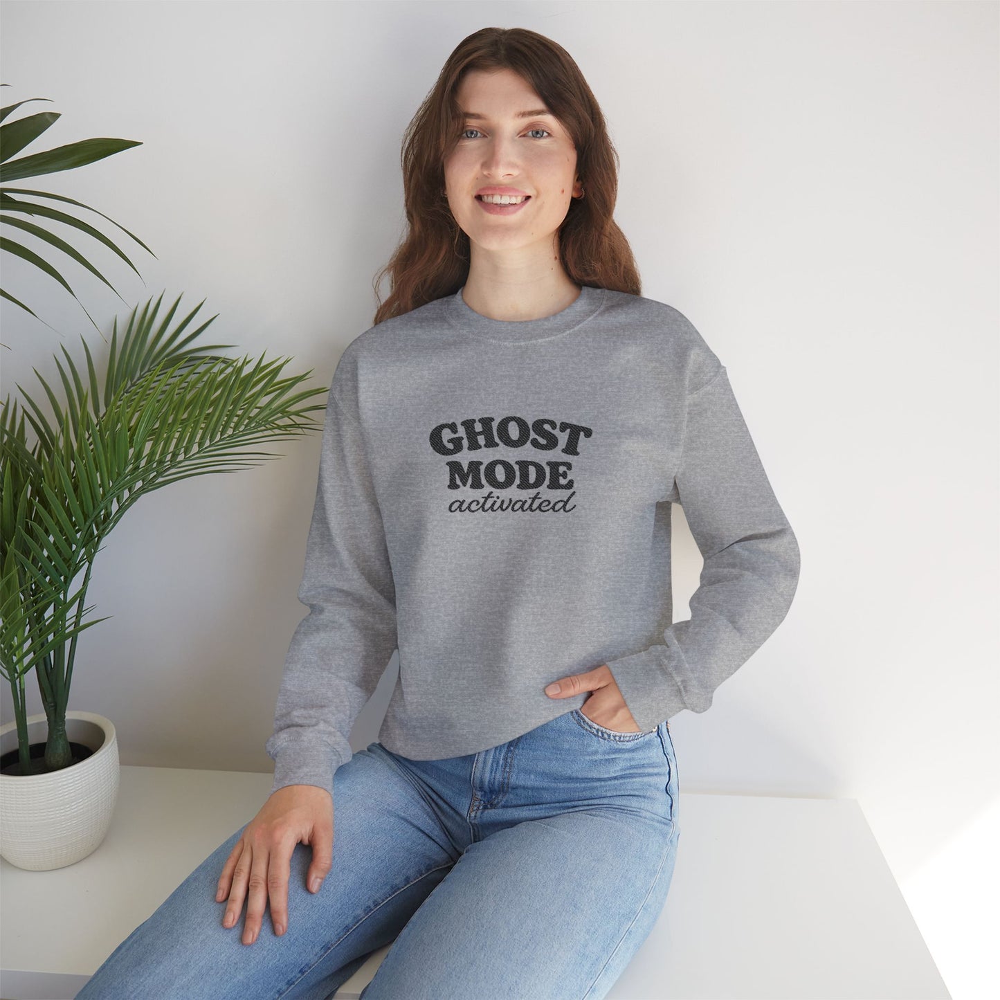 Ghost Mode Crewneck Sweatshirt — Minimalist White Pullover