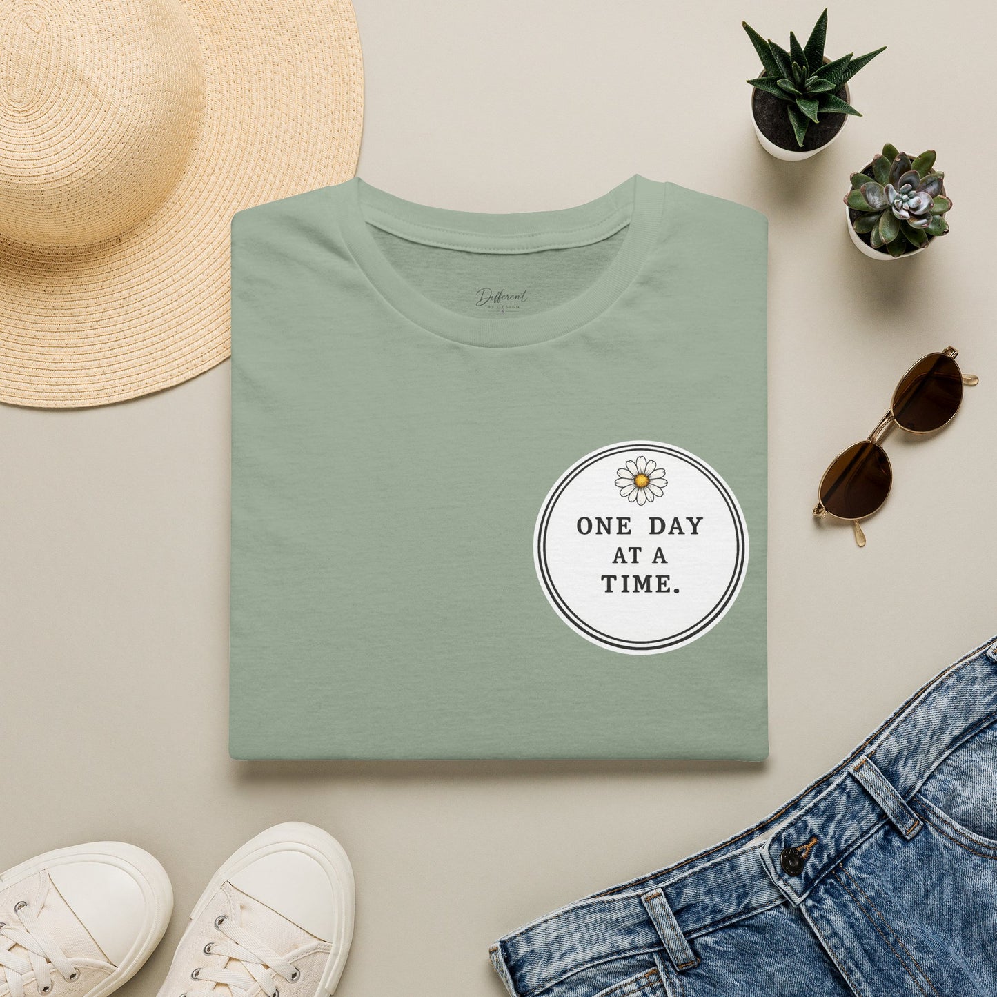 T-Shirt — "One Day at a Time" Daisy Minimalist Inspirational Tee