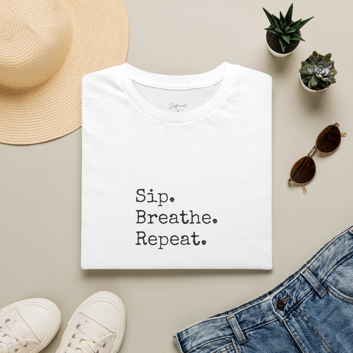 Sip. Breathe. Repeat. T-Shirt — Relaxed Minimalist Self-Care Tee