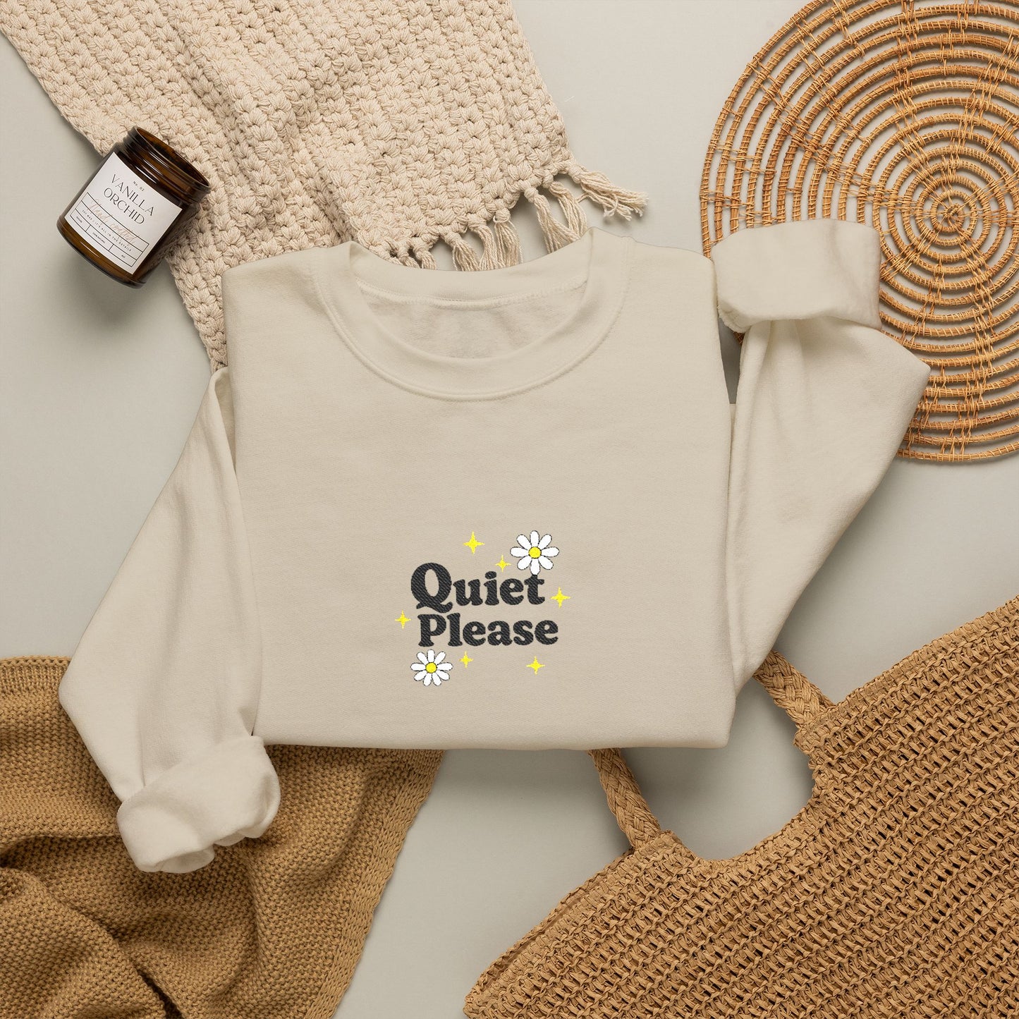 Crewneck Sweatshirt "Quiet Please" Minimalist Floral Design