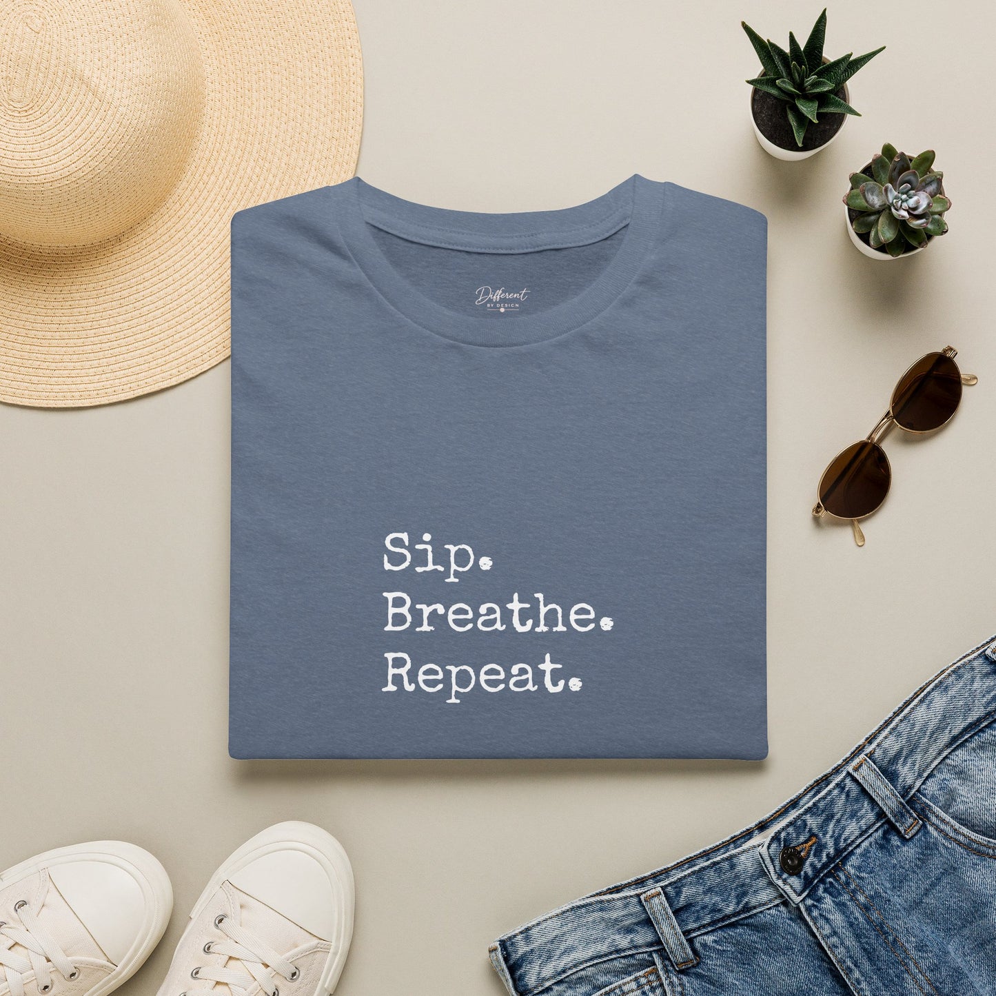 Sip. Breathe. Repeat. T-Shirt — Relaxed Minimalist Self-Care Tee