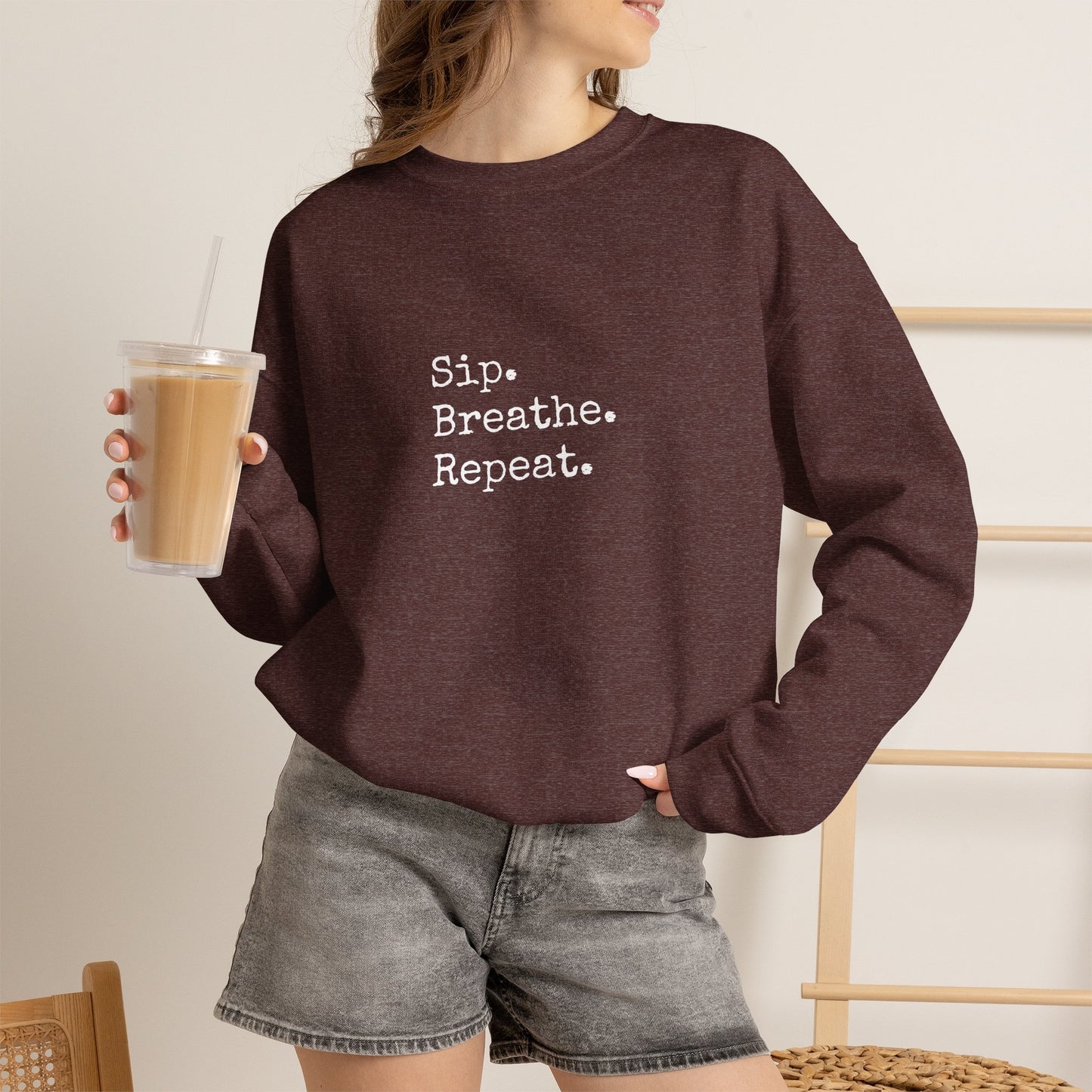 Sip. Breathe. Repeat. Crewneck Sweatshirt — Cozy Minimalist Relaxation Sweatshirt