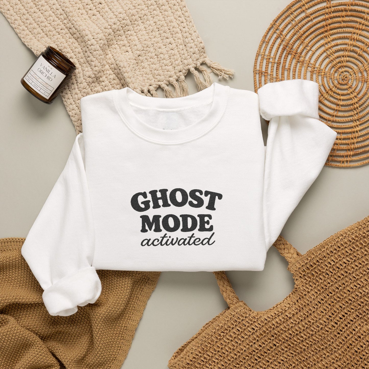 Ghost Mode Crewneck Sweatshirt — Minimalist White Pullover