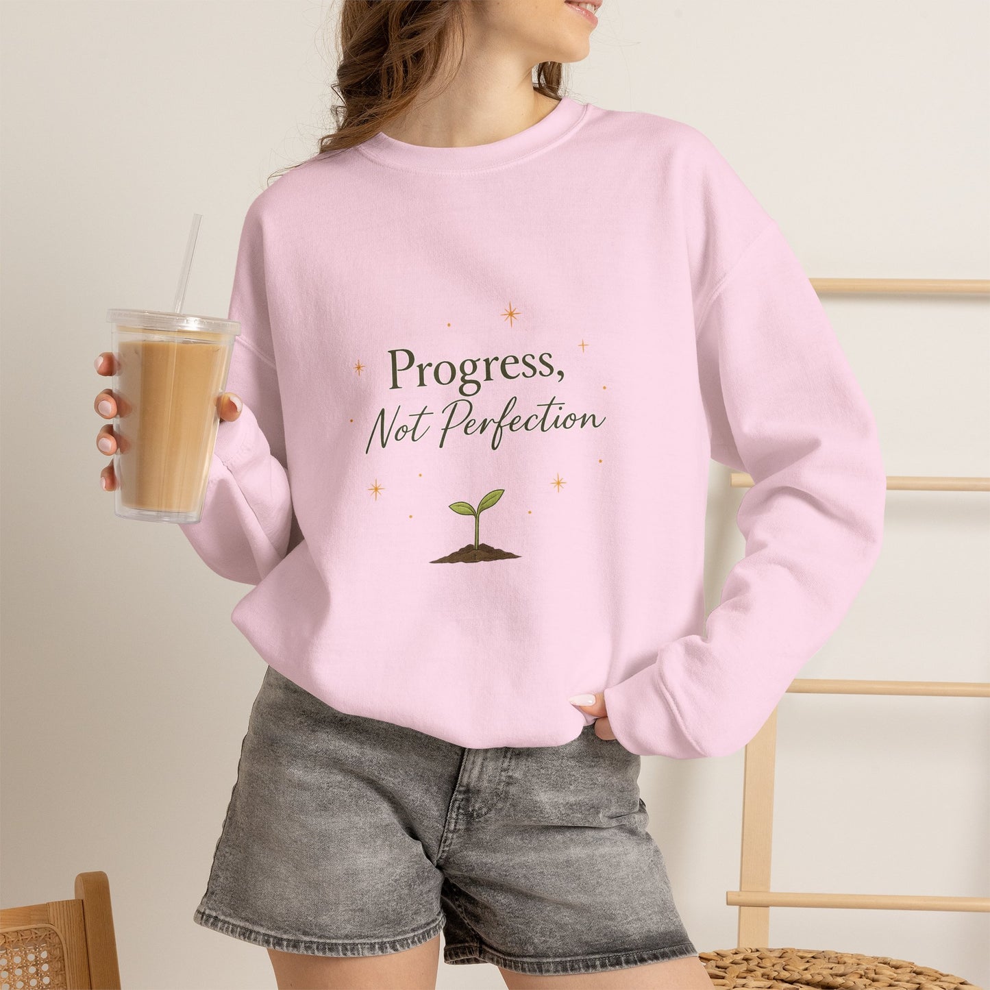 Crewneck Sweatshirt — "Progress, Not Perfection" Plant Sprout Inspirational Pullover