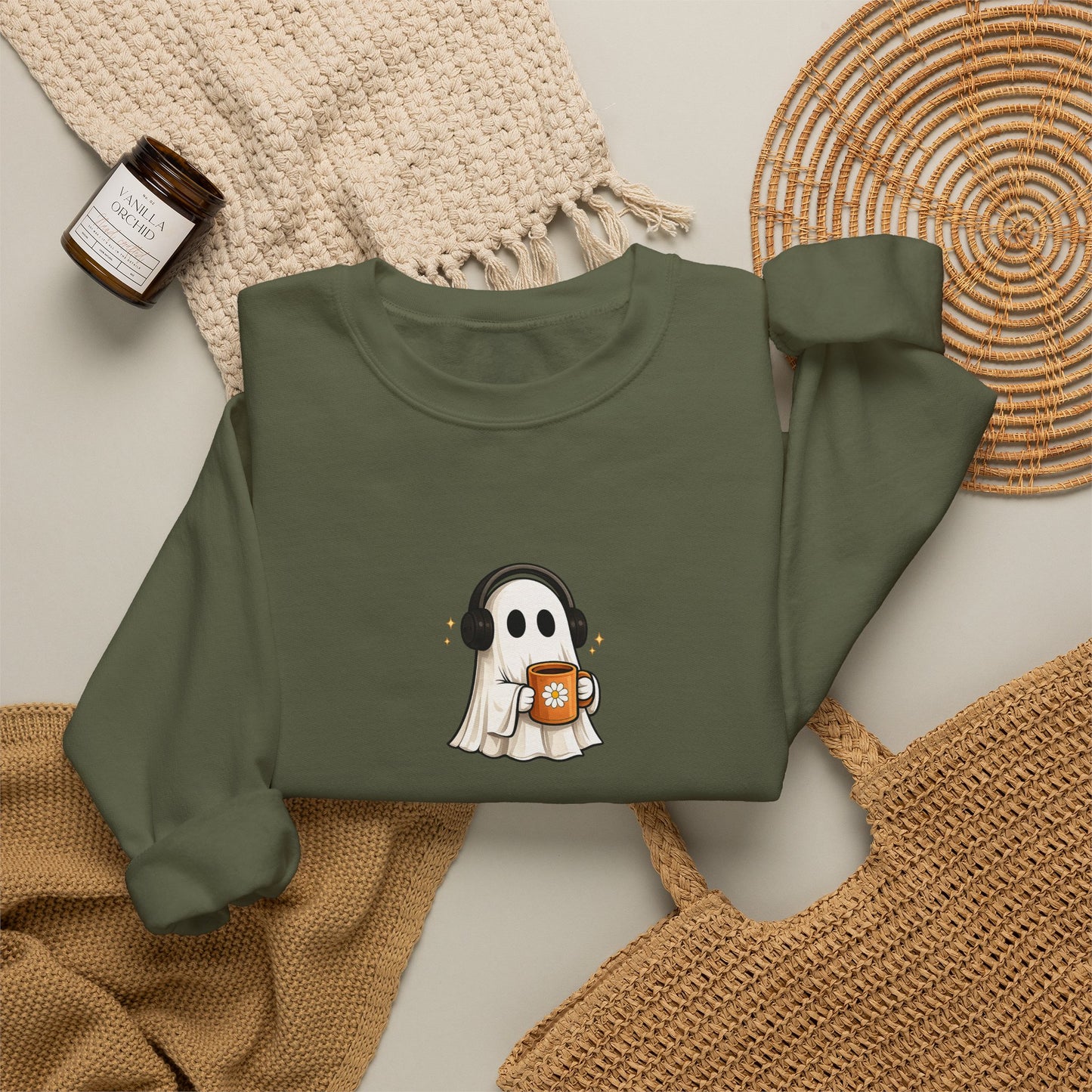 Cute Ghost Holding Pumpkin Crewneck Sweatshirt