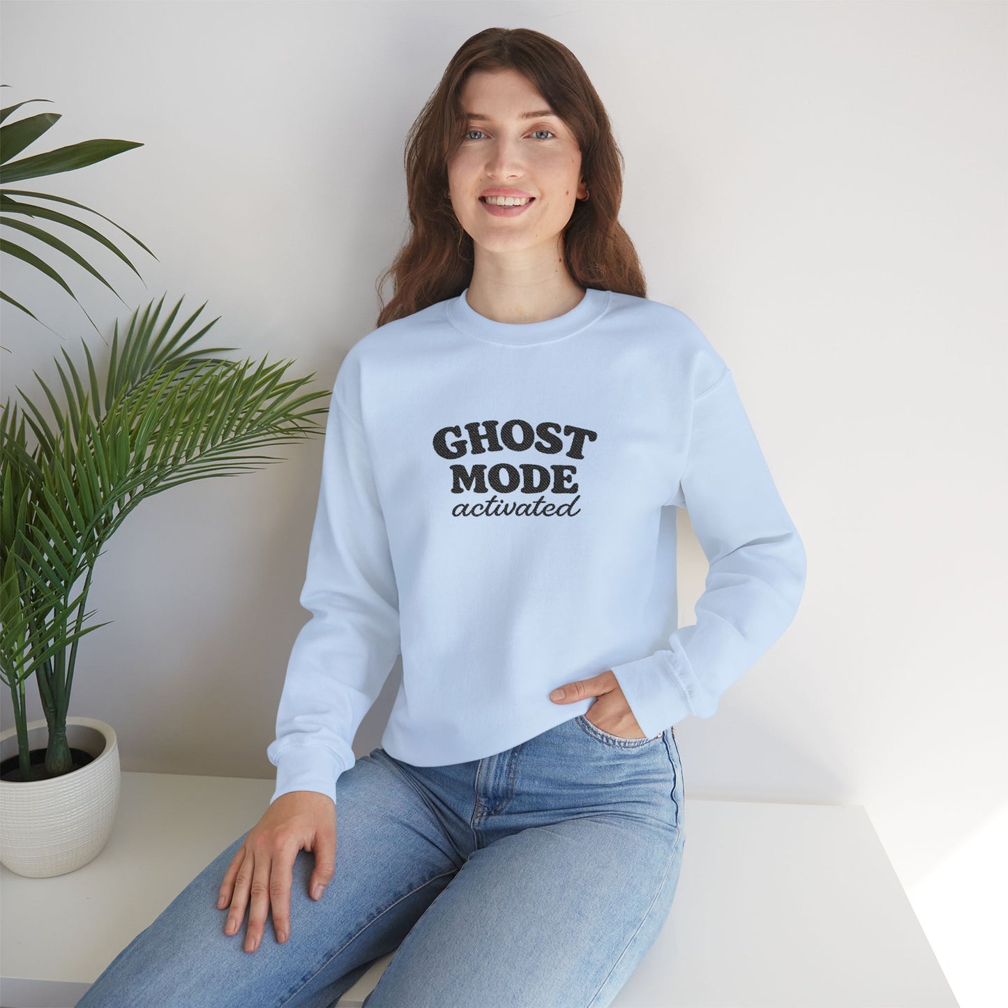 Ghost Mode Crewneck Sweatshirt — Minimalist White Pullover