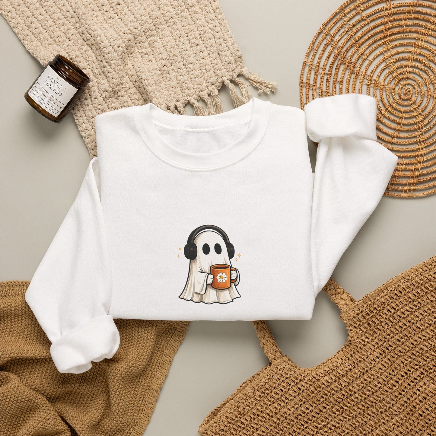 Cute Ghost Holding Pumpkin Crewneck Sweatshirt