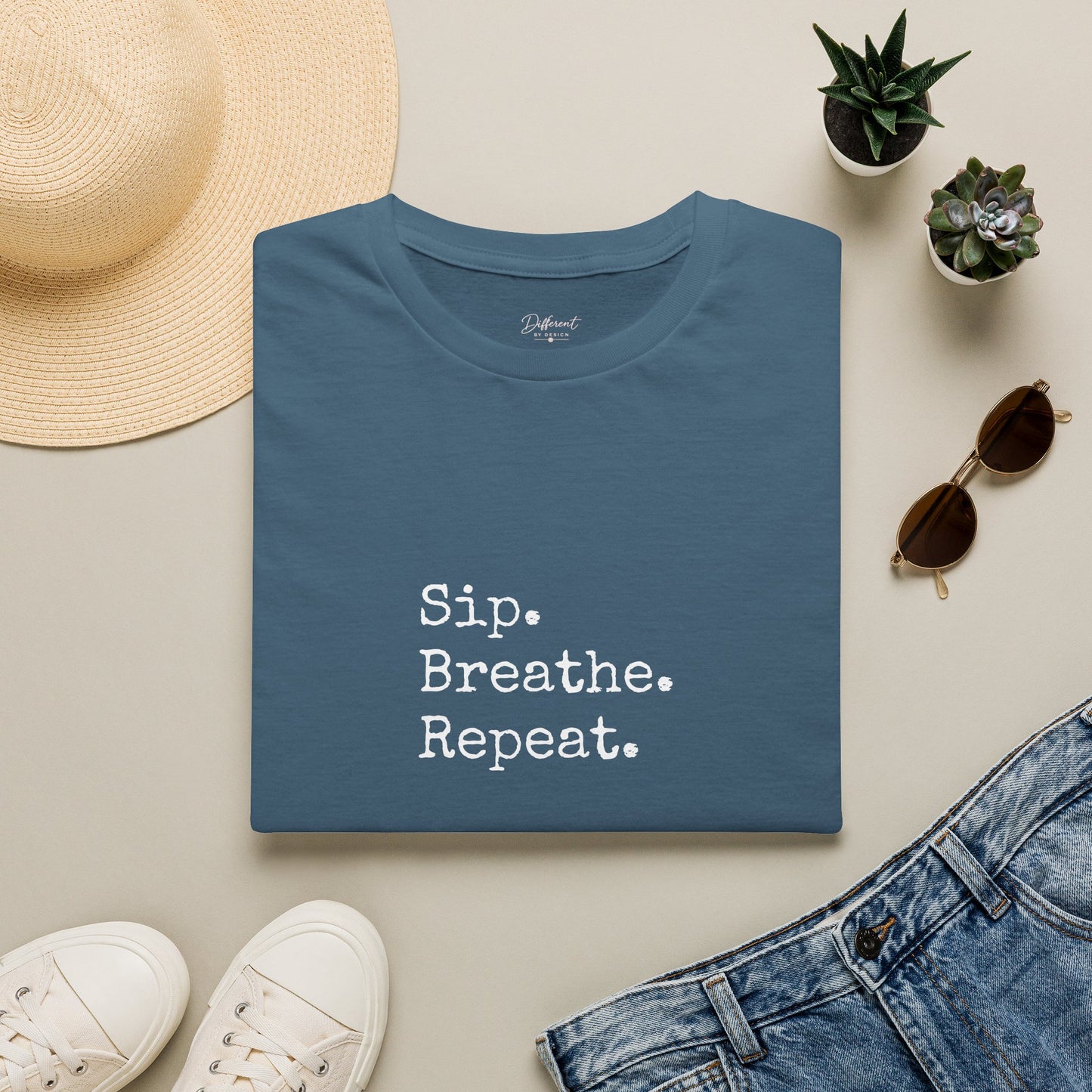 Sip. Breathe. Repeat. T-Shirt — Relaxed Minimalist Self-Care Tee