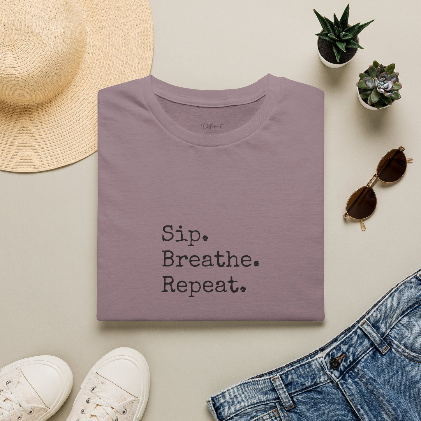 Sip. Breathe. Repeat. T-Shirt — Relaxed Minimalist Self-Care Tee