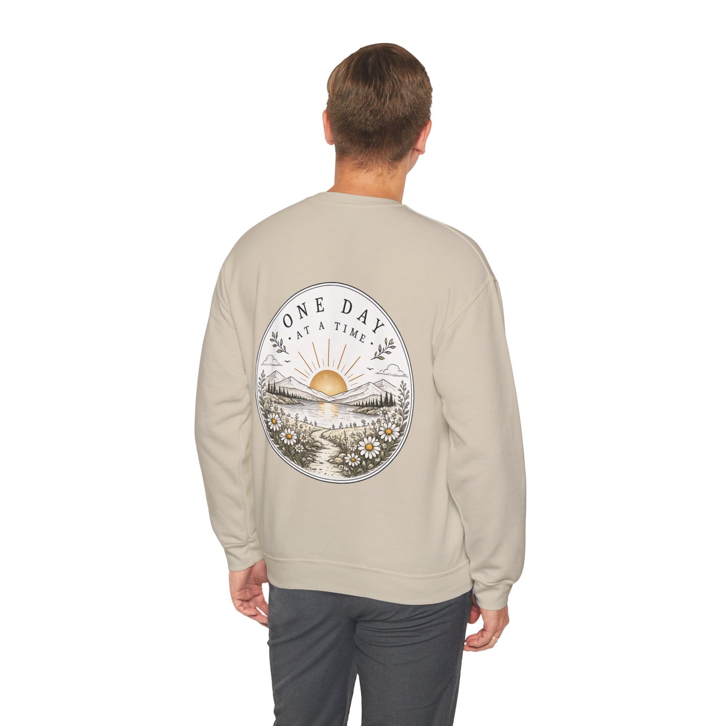Crewneck Sweatshirt — 'One Day at a Time' Sunrise Mountain Graphic