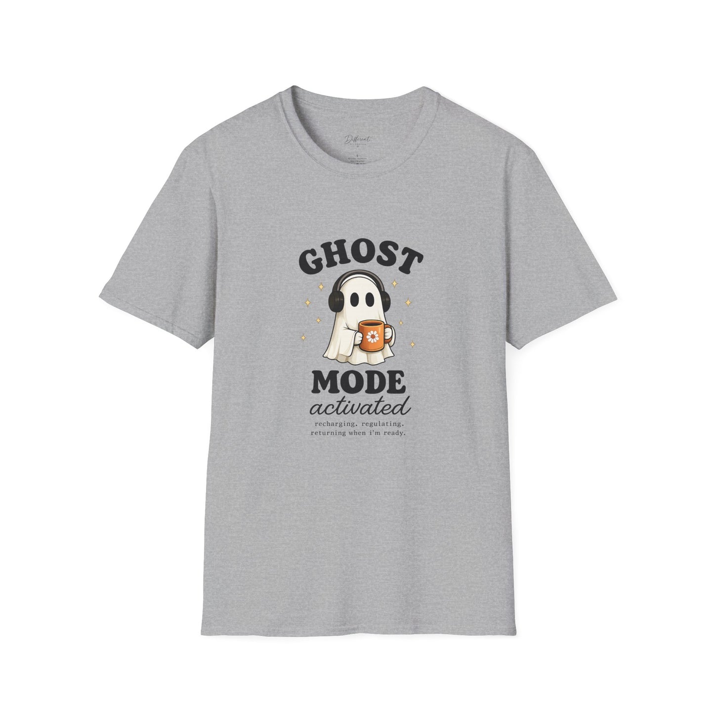 Ghost Mode T-Shirt — Cute Ghost with Headphones & Coffee