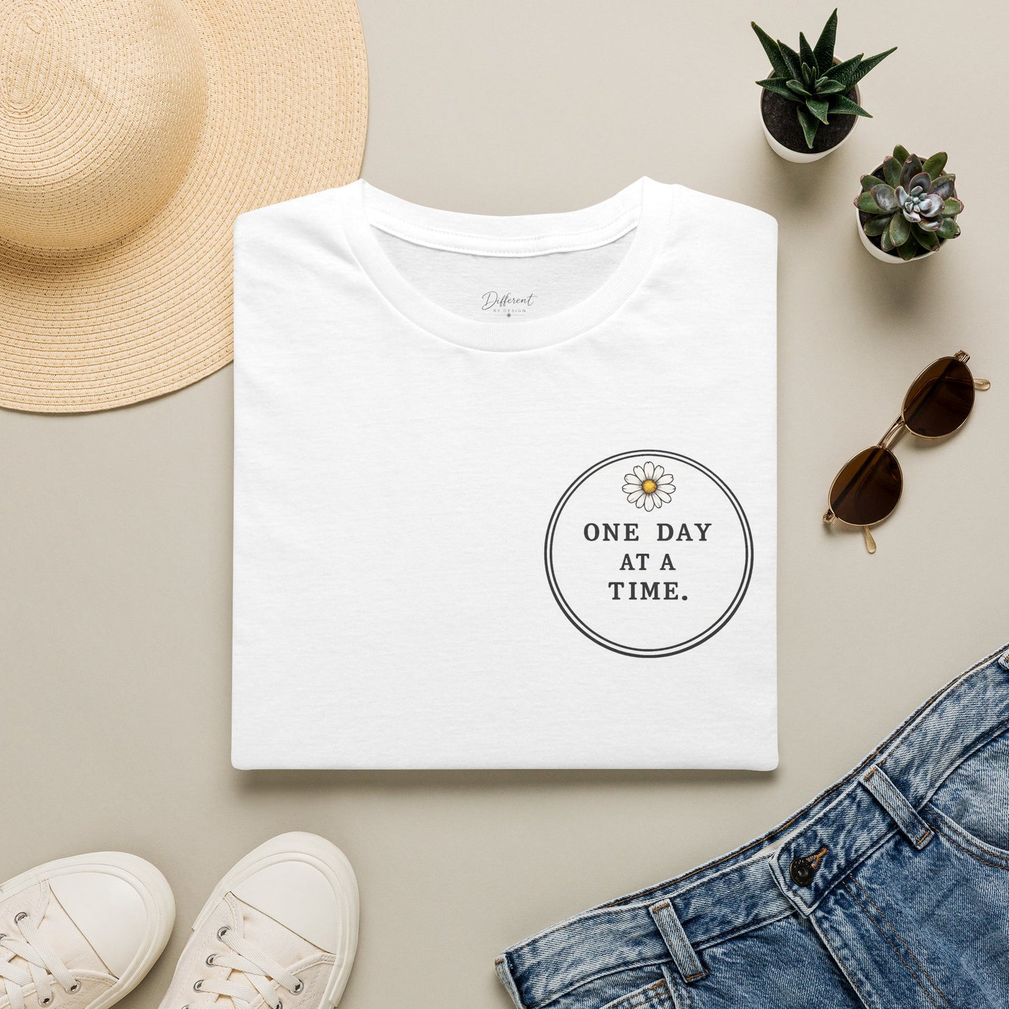 T-Shirt — "One Day at a Time" Daisy Minimalist Inspirational Tee
