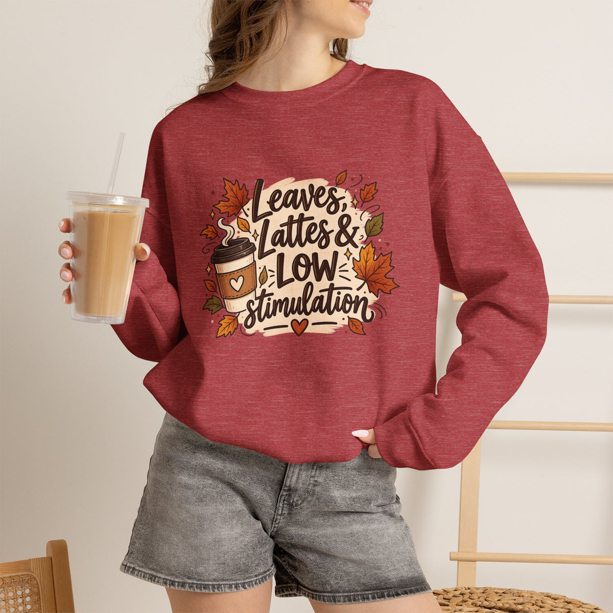 Fall Sweatshirt – "Leaves, Lattes & Low Stimulation" Cozy Autumn Crewneck
