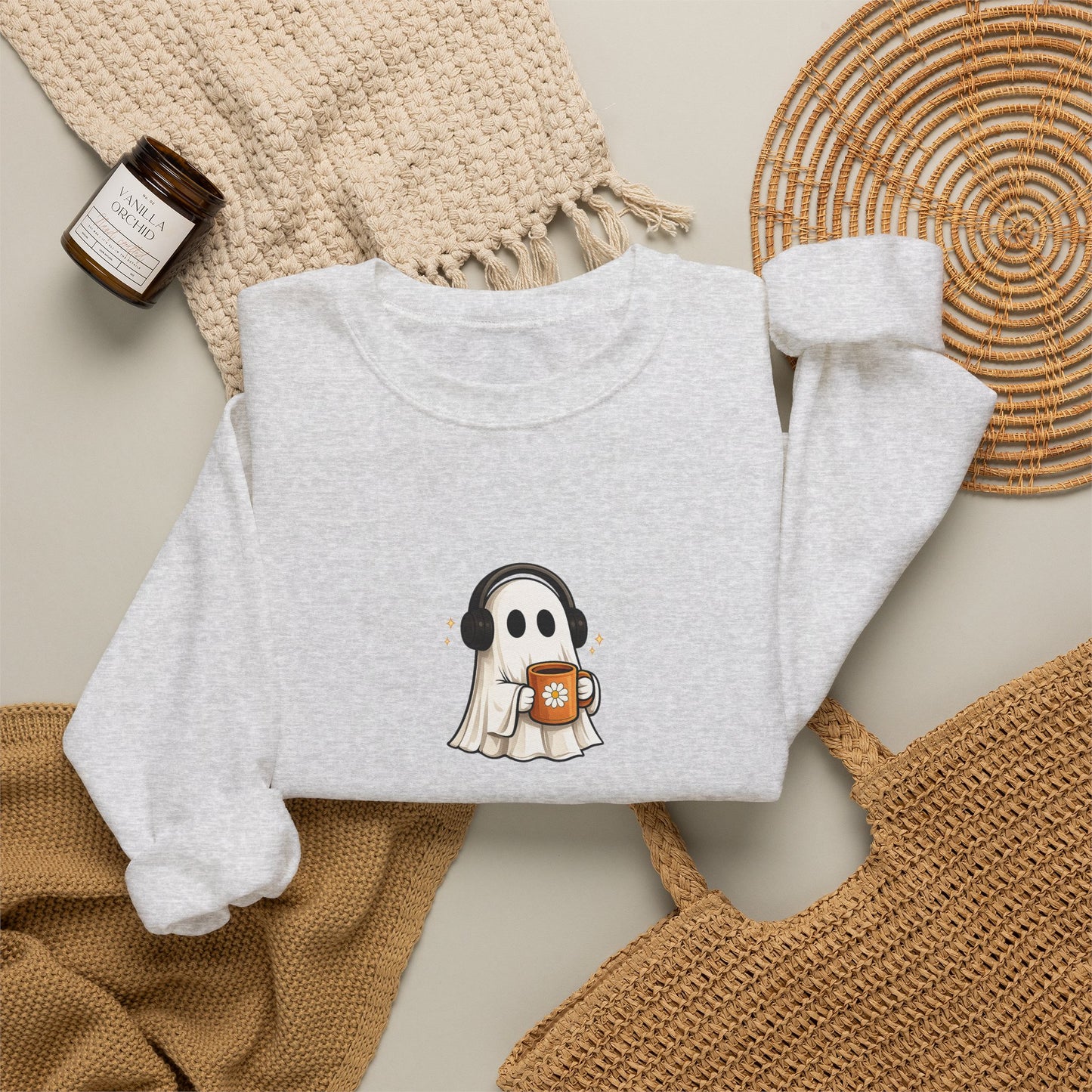 Cute Ghost Holding Pumpkin Crewneck Sweatshirt