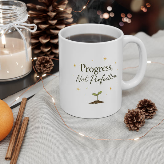 Mug — Progress Not Perfection Coffee Cup (Inspirational Plant Design)