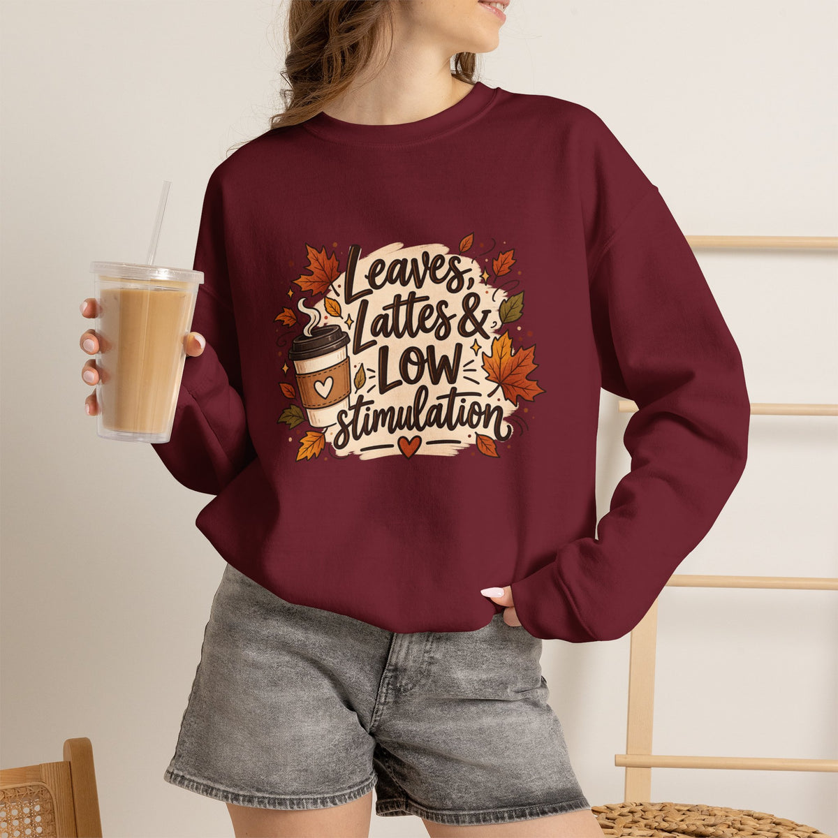 Fall Sweatshirt – "Leaves, Lattes & Low Stimulation" Cozy Autumn Crewneck
