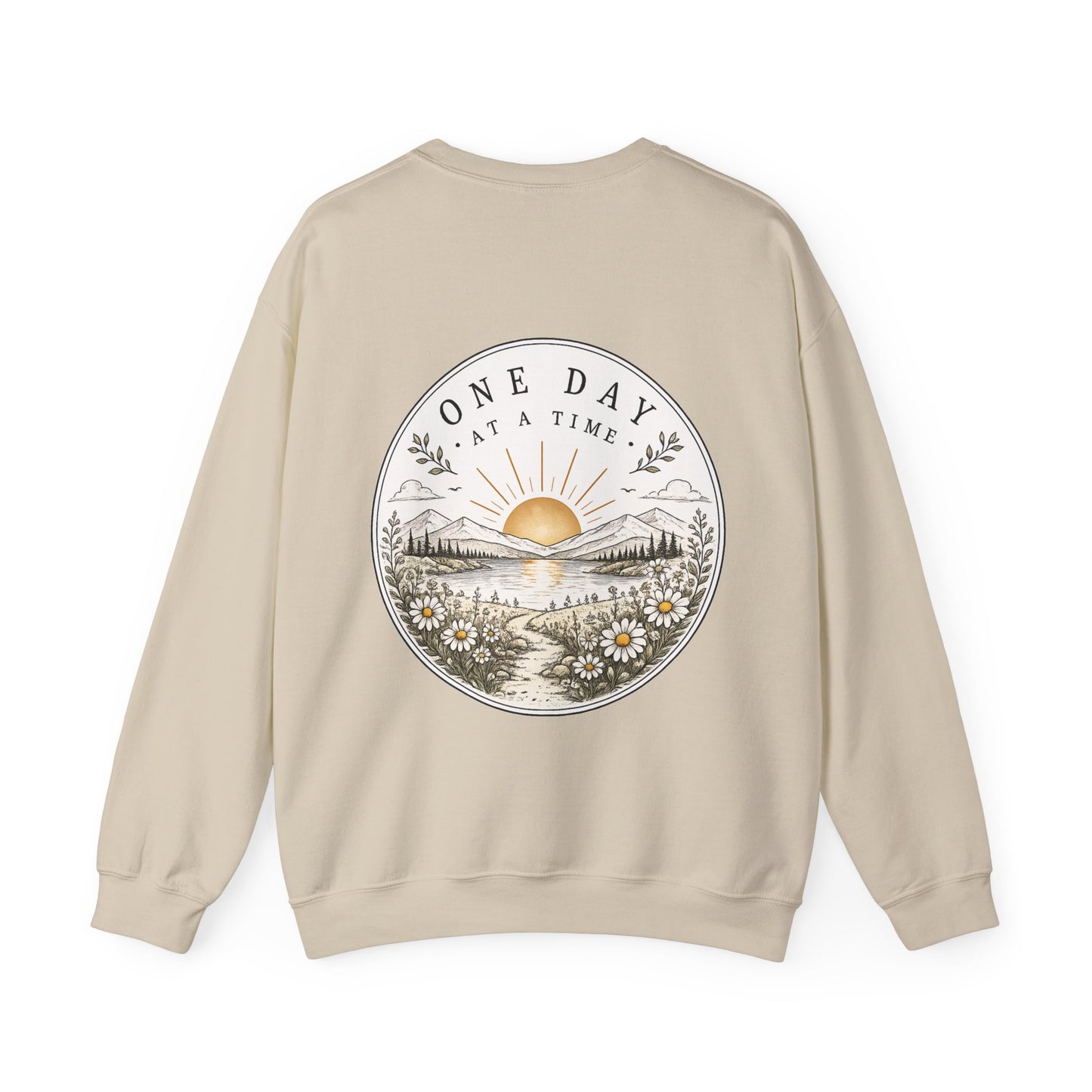 Crewneck Sweatshirt — 'One Day at a Time' Sunrise Mountain Graphic