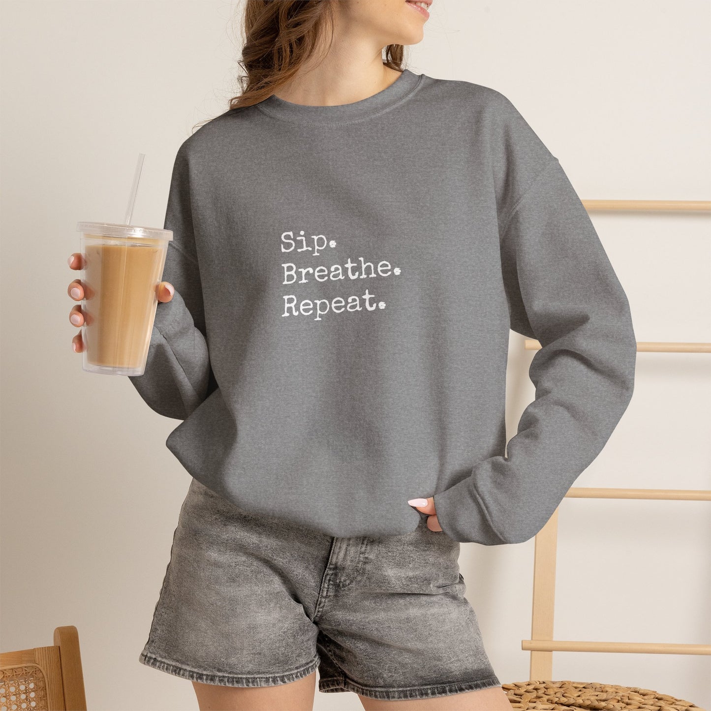 Sip. Breathe. Repeat. Crewneck Sweatshirt — Cozy Minimalist Relaxation Sweatshirt