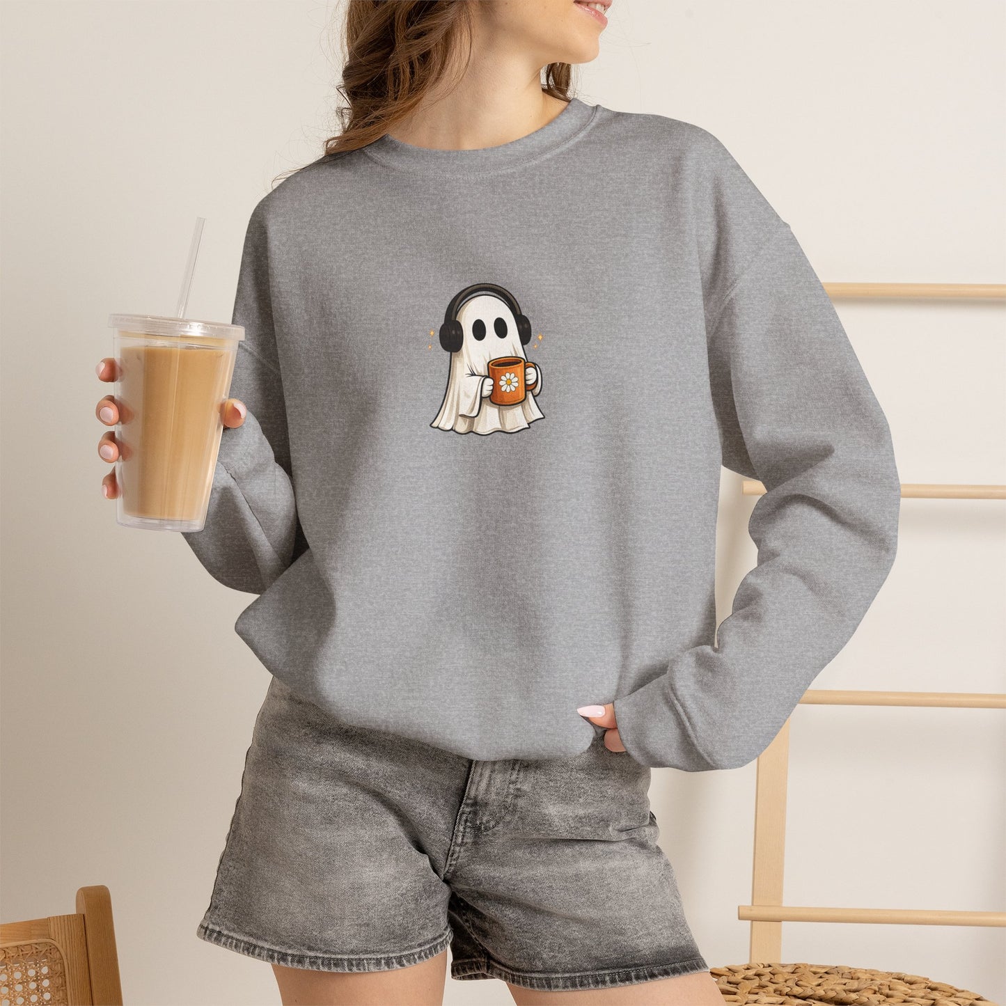 Cute Ghost Holding Pumpkin Crewneck Sweatshirt