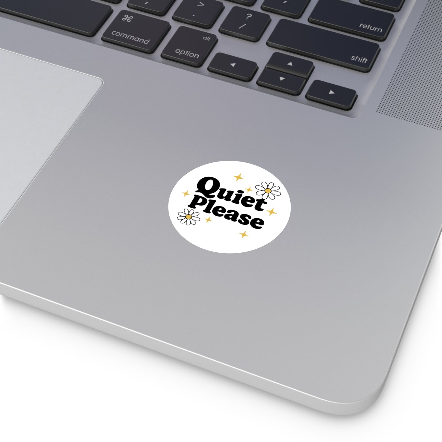 Quiet Please Round Vinyl Sticker — Retro Daisy Design