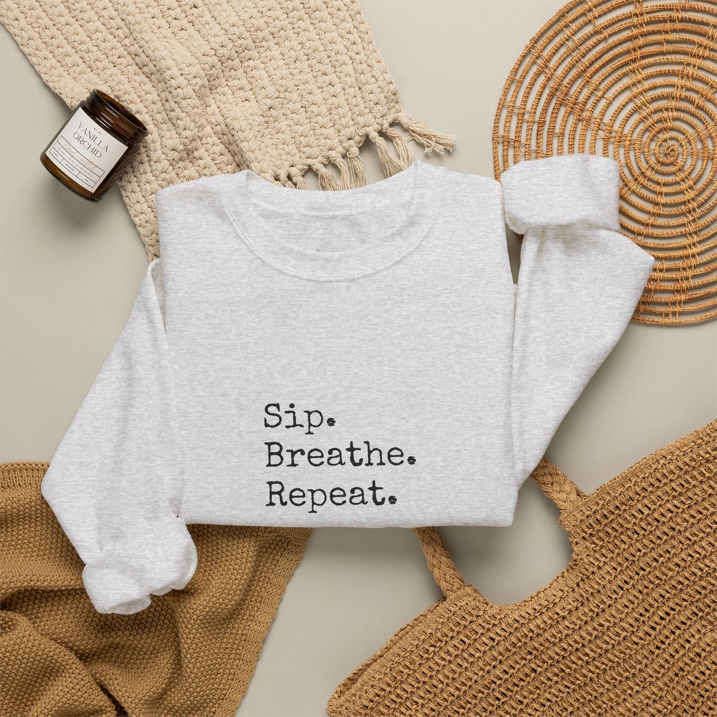 Sip. Breathe. Repeat. Crewneck Sweatshirt — Cozy Minimalist Relaxation Sweatshirt