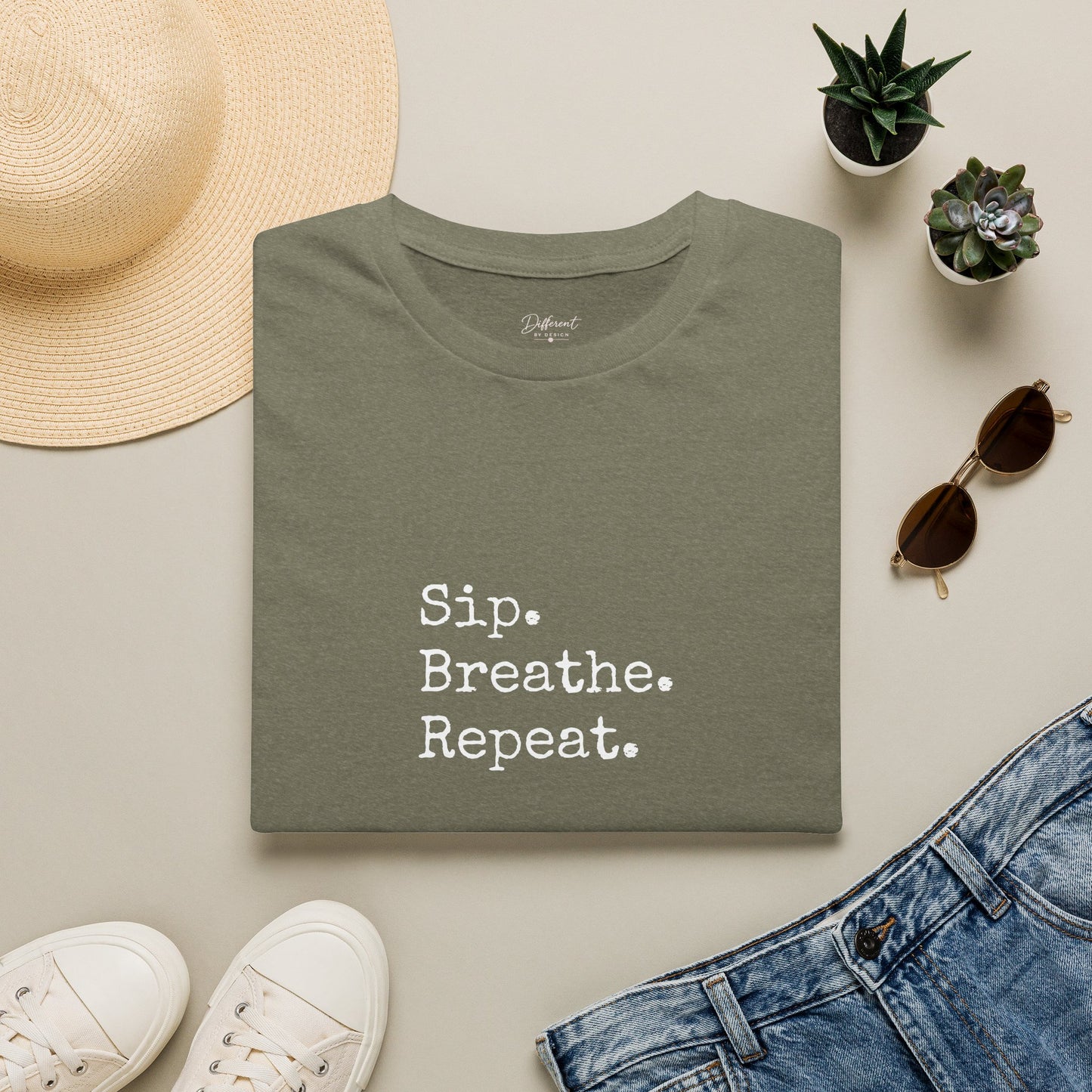 Sip. Breathe. Repeat. T-Shirt — Relaxed Minimalist Self-Care Tee