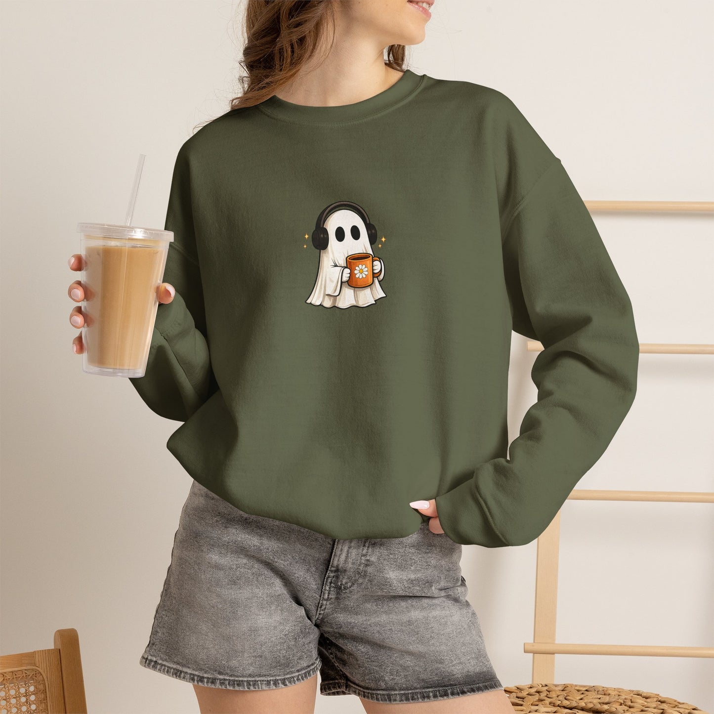 Cute Ghost Holding Pumpkin Crewneck Sweatshirt