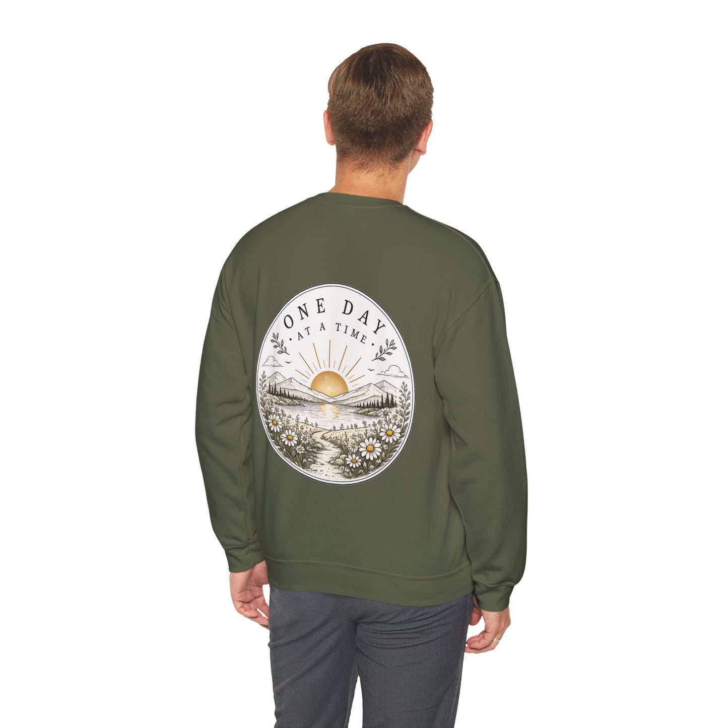 Crewneck Sweatshirt — 'One Day at a Time' Sunrise Mountain Graphic